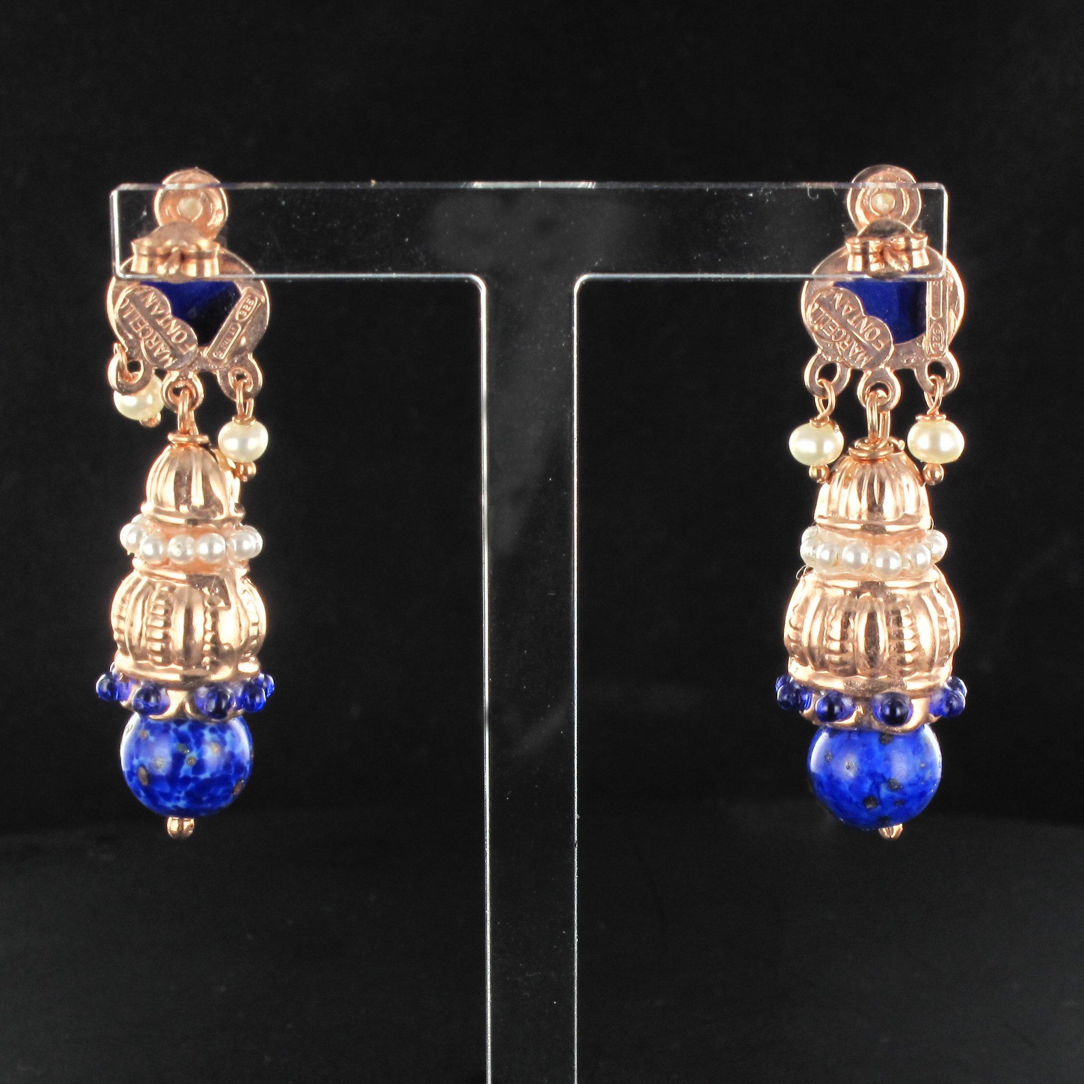 Antique Style Blue Stone Pearl Pendant Earrings In New Condition In Poitiers, FR