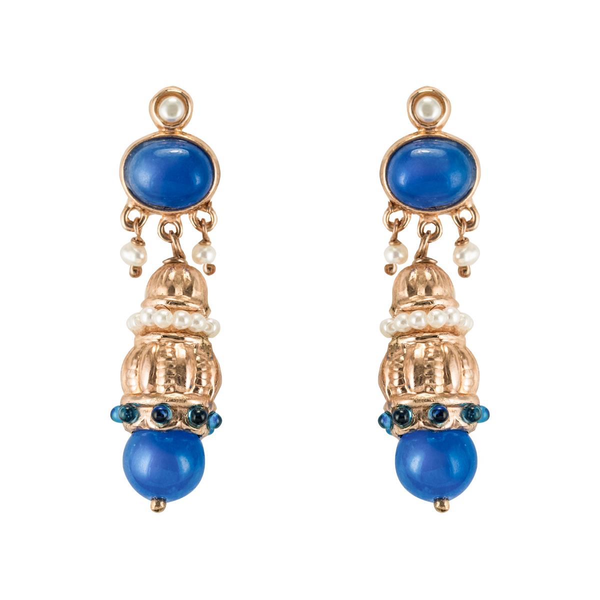 Antique Style Blue Stone Pearl Pendant Earrings