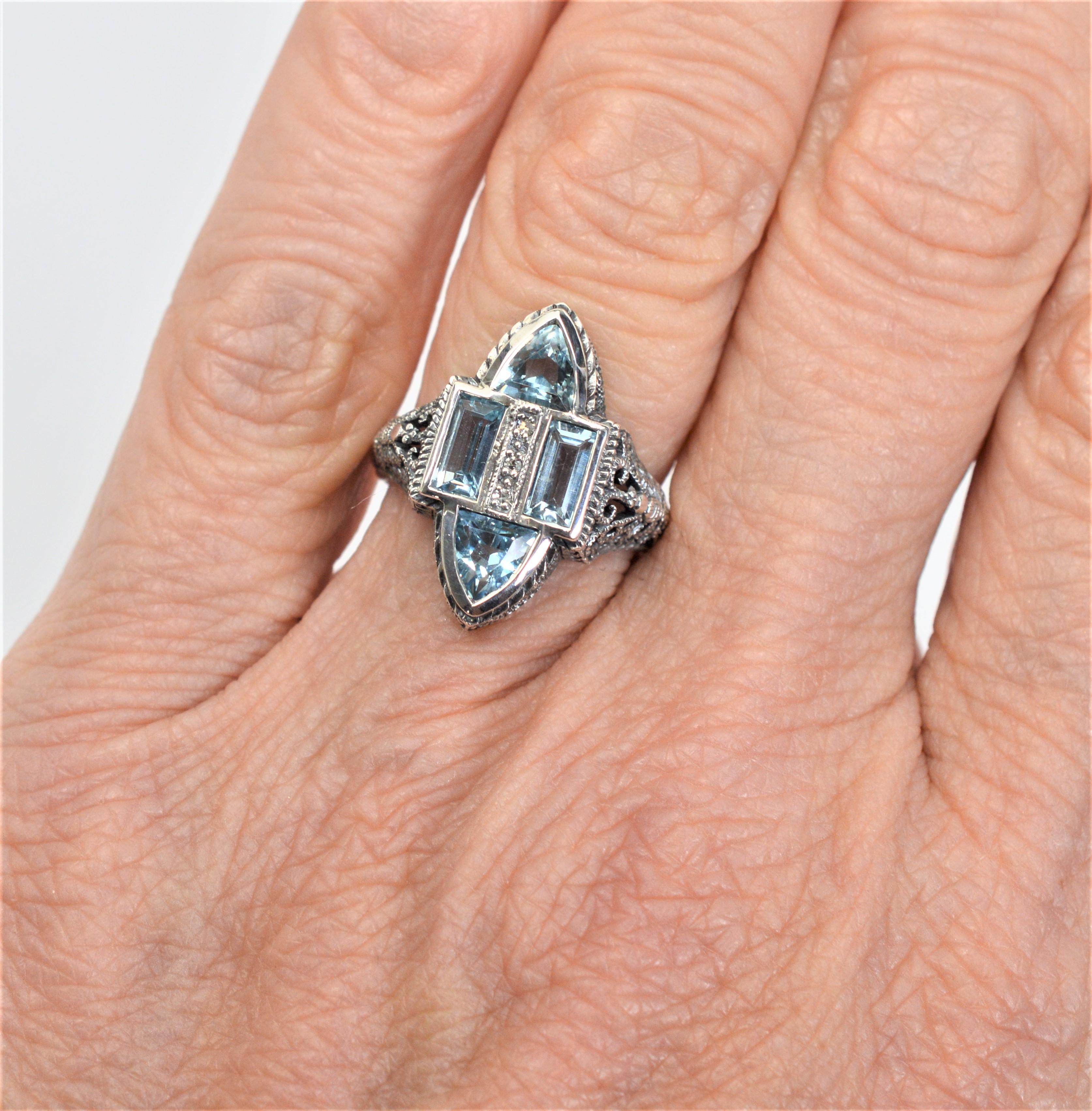 Mixed Cut Antique Style Blue Topaz and Diamond Sterling Silver Filigree Ring For Sale