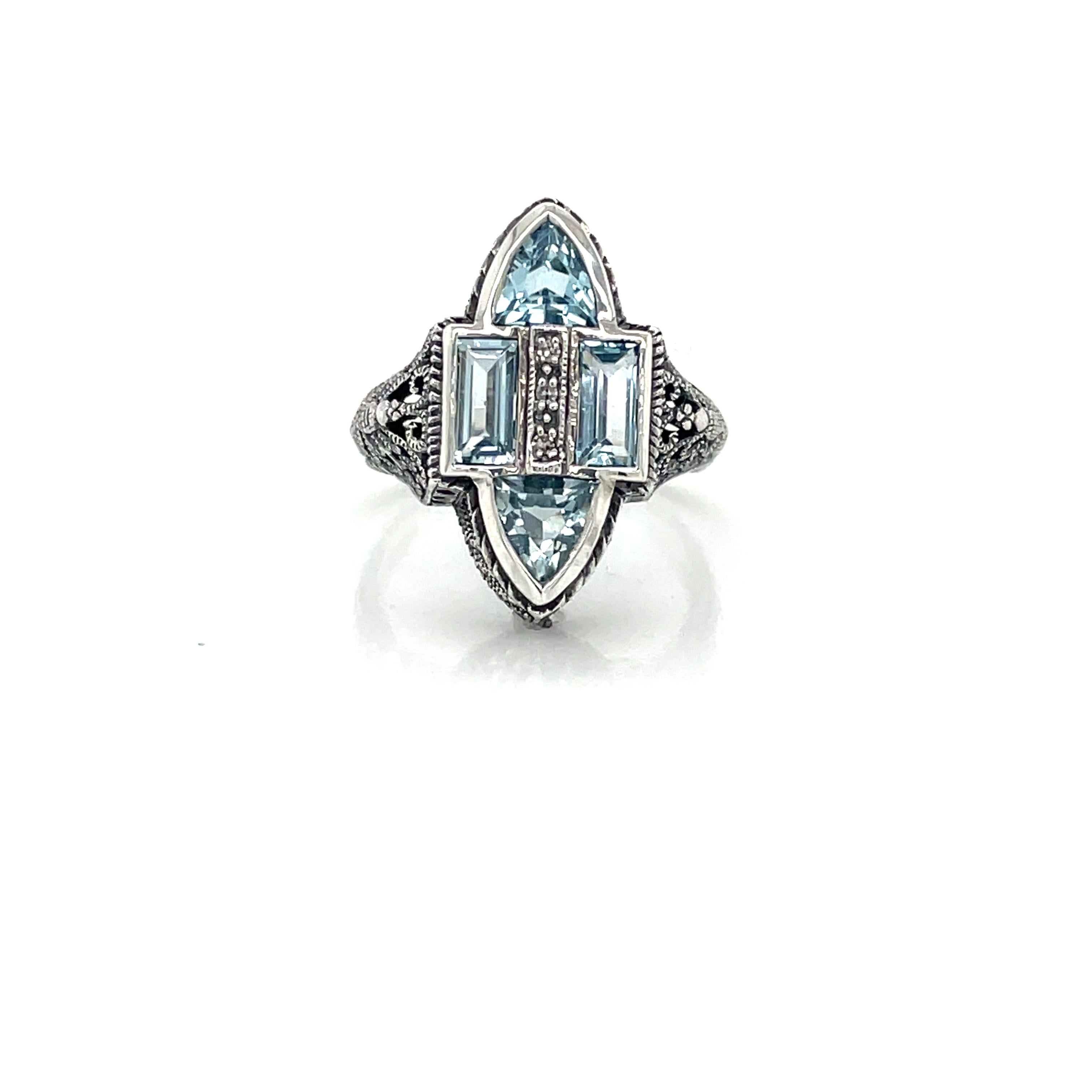 Antique Style Blue Topaz and Diamond Sterling Silver Filigree Ring In New Condition For Sale In Mount Kisco, NY