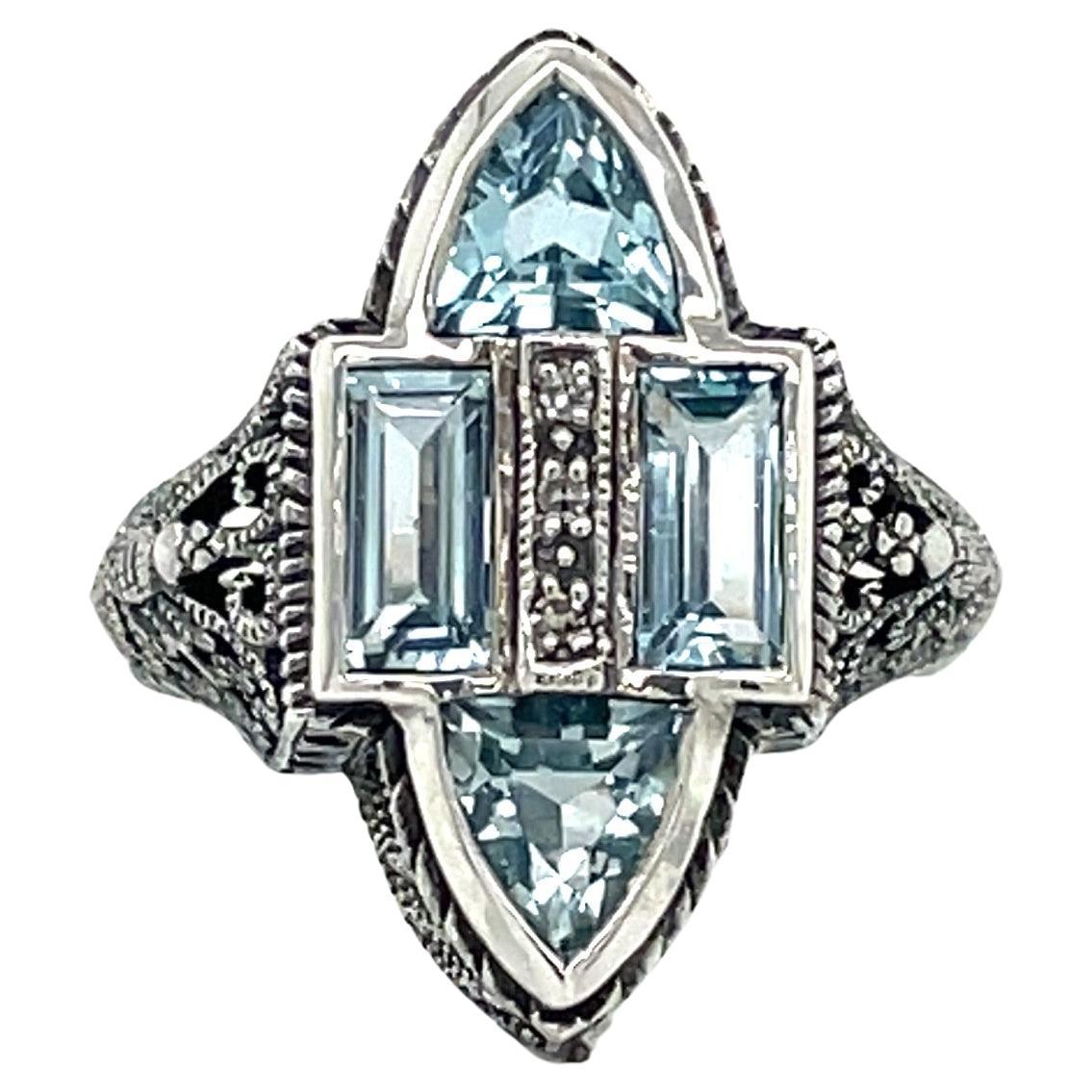 Antique Style Blue Topaz and Diamond Sterling Silver Filigree Ring For Sale