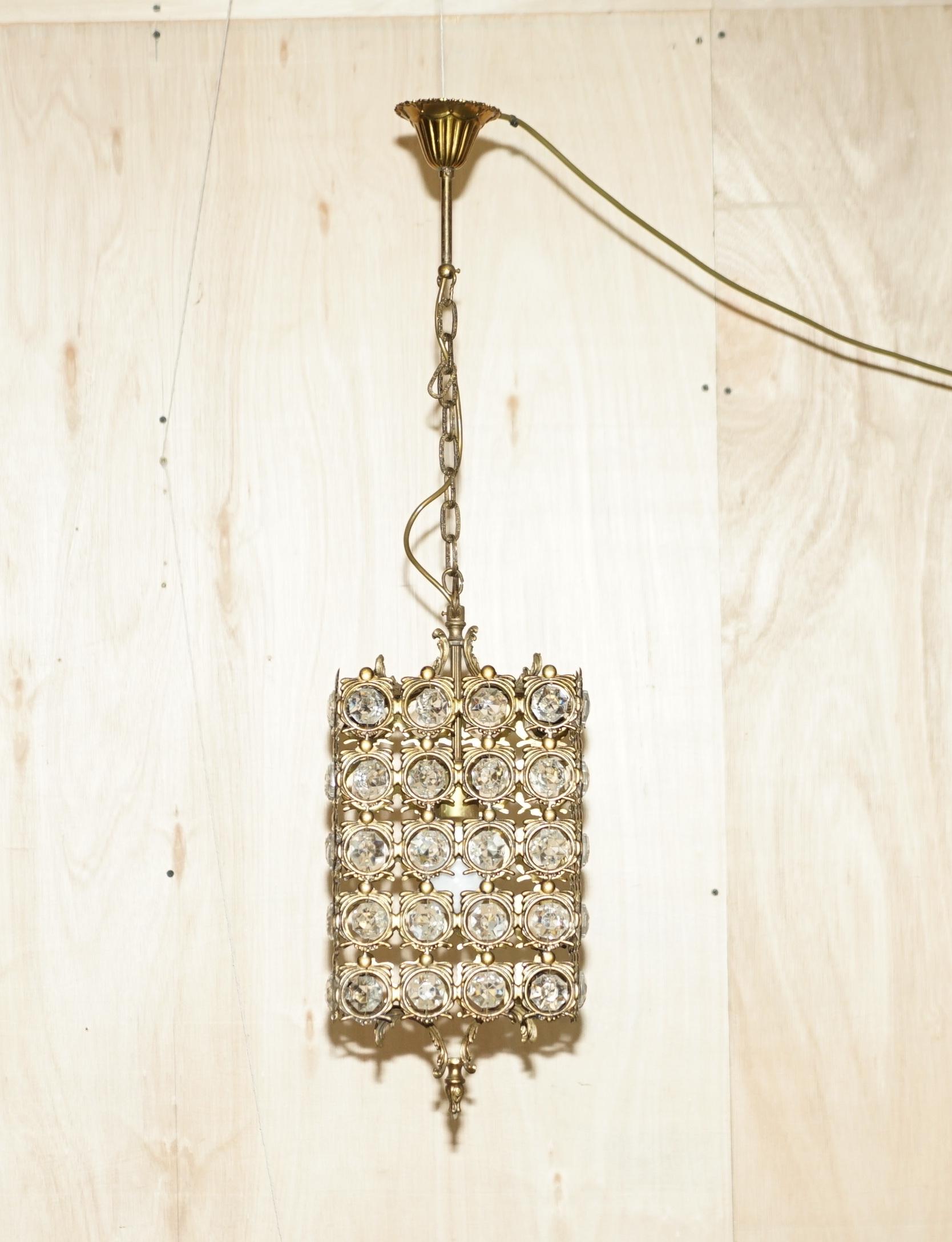 Antique Brass & Glass Crystal Cut Panging Pendent Lantern Ceiling Light (Lanterne suspendue en laiton et verre taillé)  en vente 5