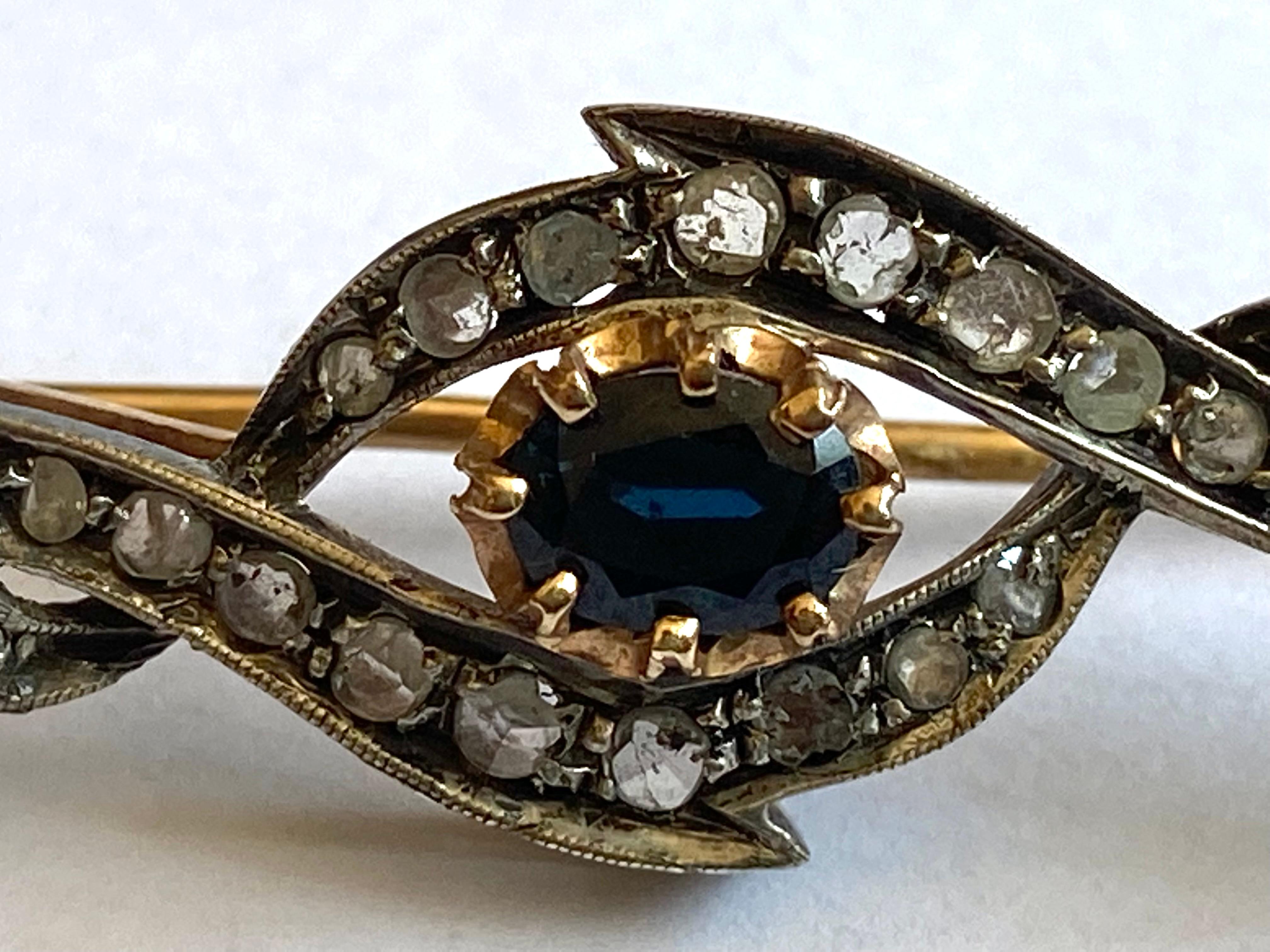 Women's Antique Style Brooch, 14 Kt Gold, 800 Silver, Diamonds, Sapphire For Sale