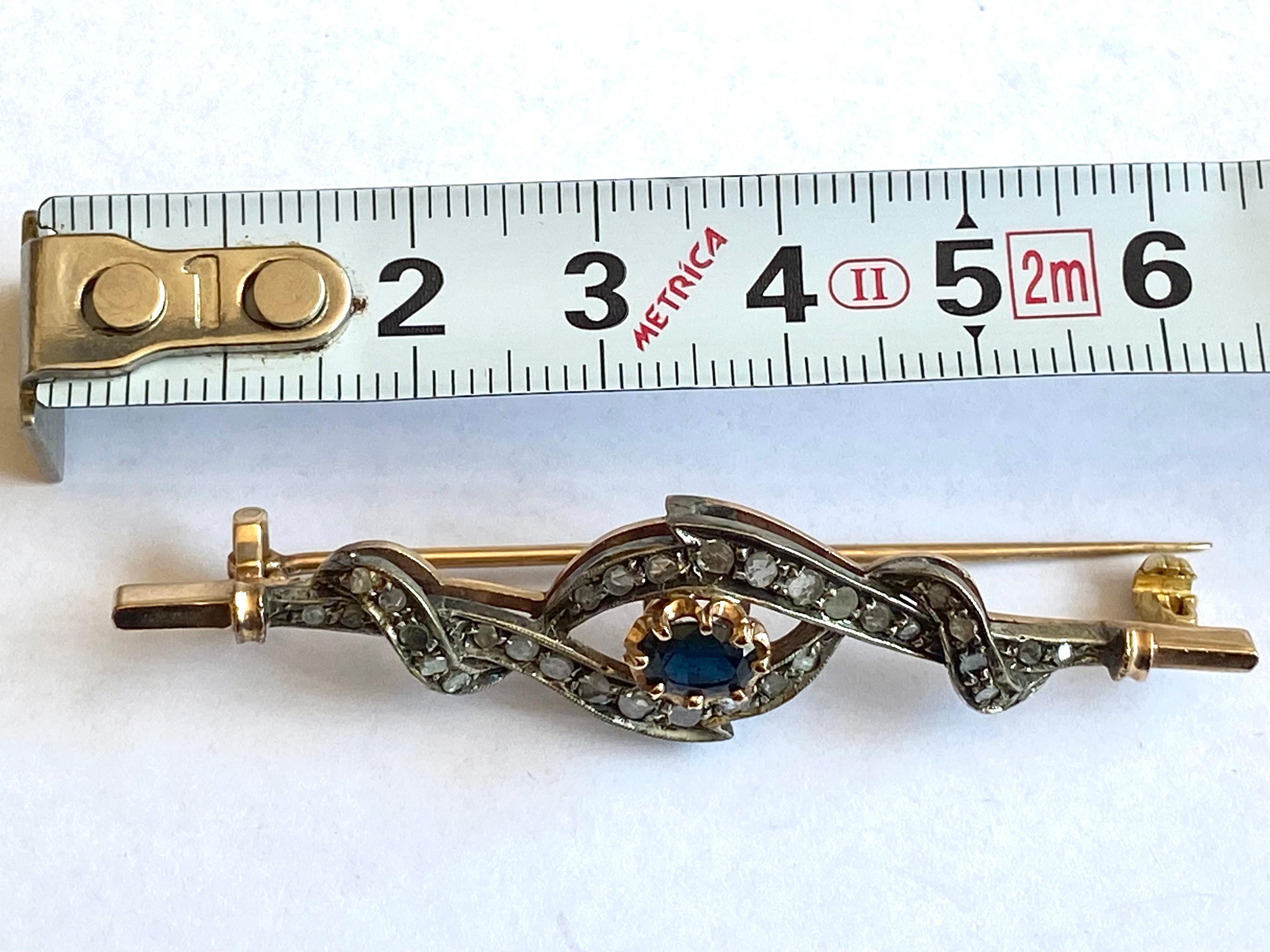 Antique Style Brooch, 14 Kt Gold, 800 Silver, Diamonds, Sapphire For Sale 1