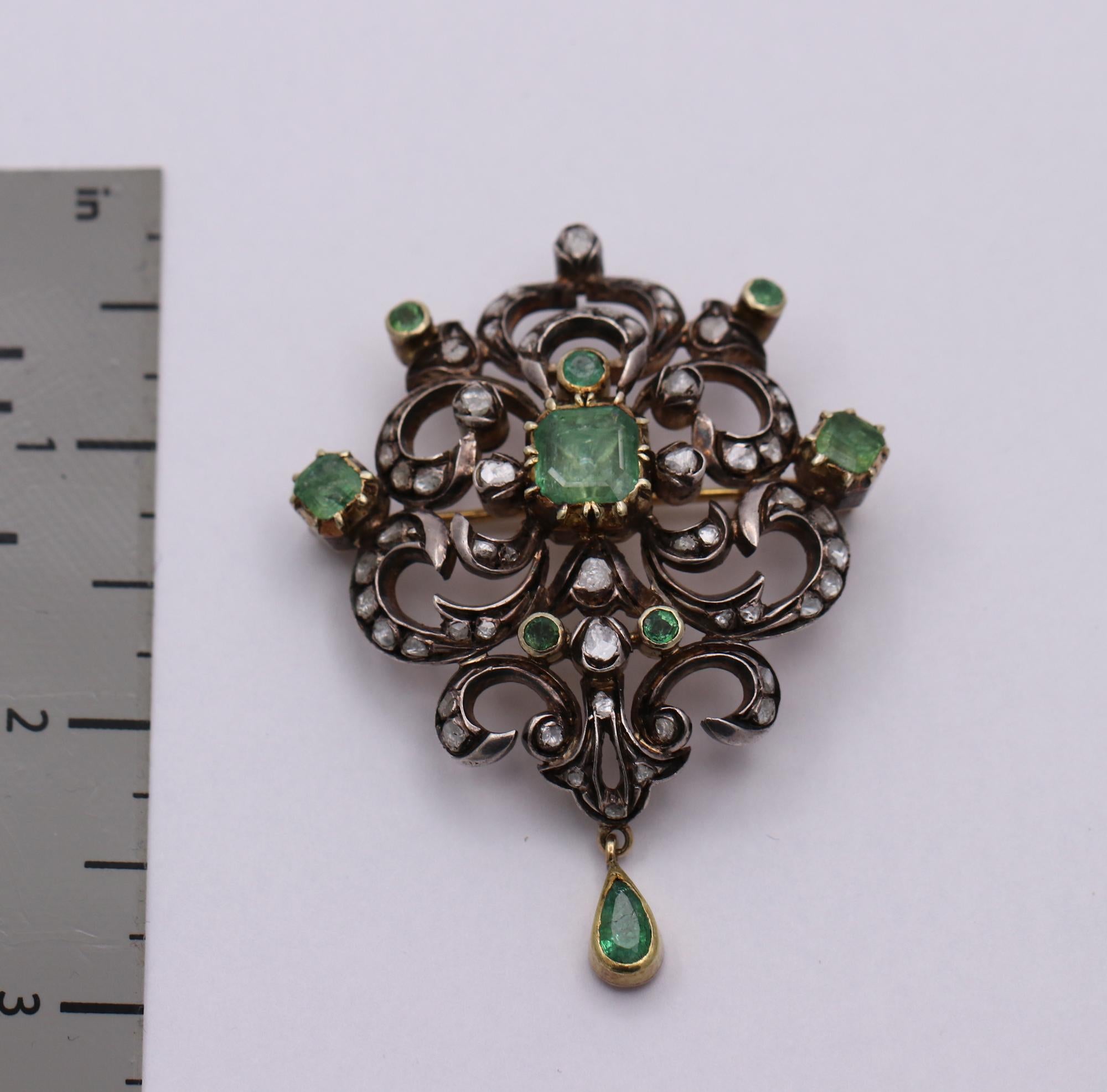 Early Victorian Antique Style Brooch with Diamonds and Emeralds