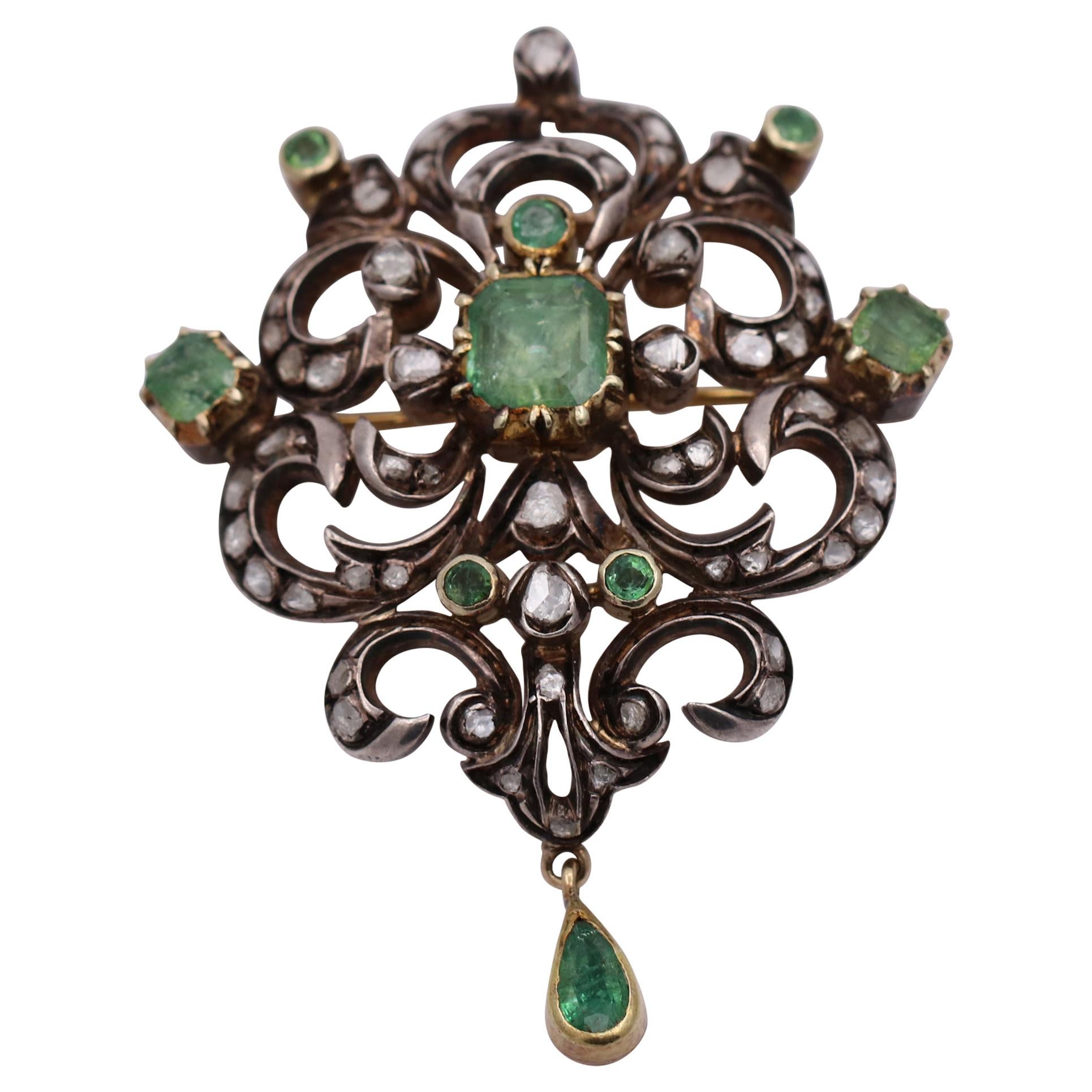 Antique Style Brooch with Diamonds and Emeralds