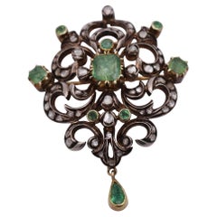 Antique Style Brooch with Diamonds and Emeralds