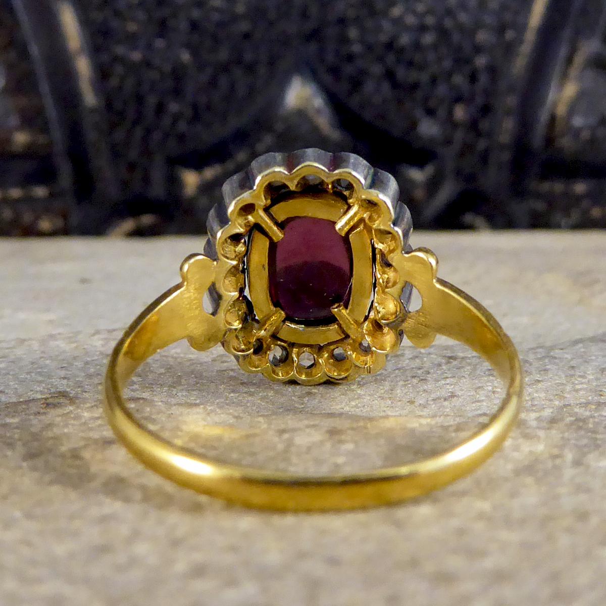 Rose Cut Antique Style Cabochon Garnet and Diamond Cluster Ring in 18ct Yellow Gold For Sale