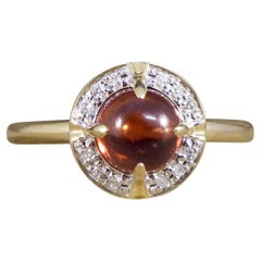 Antique Style Cabochon Garnet Diamond Halo Cluster Ring in White & Yellow Gold