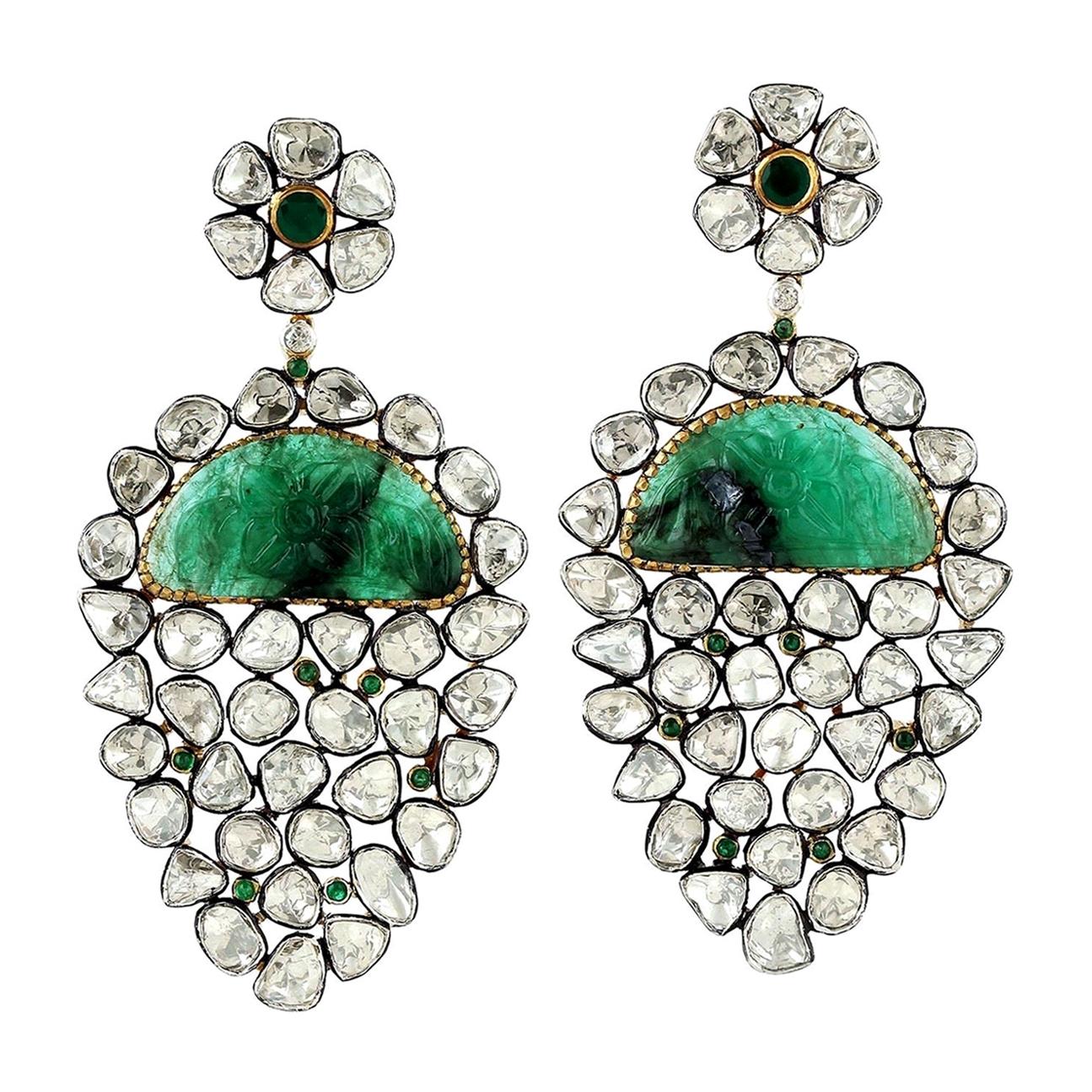 Antique Style Carved Emerald Rose Cut Diamond Earrings