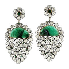 Antique Style Carved Emerald Rose Cut Diamond Earrings