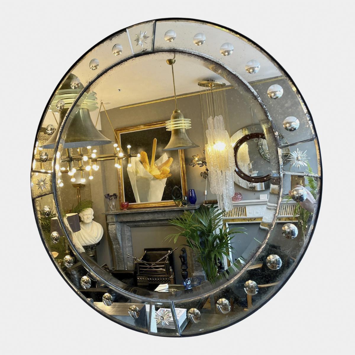 Antique Style Circular Distressed Paneled Mirror For Sale 3