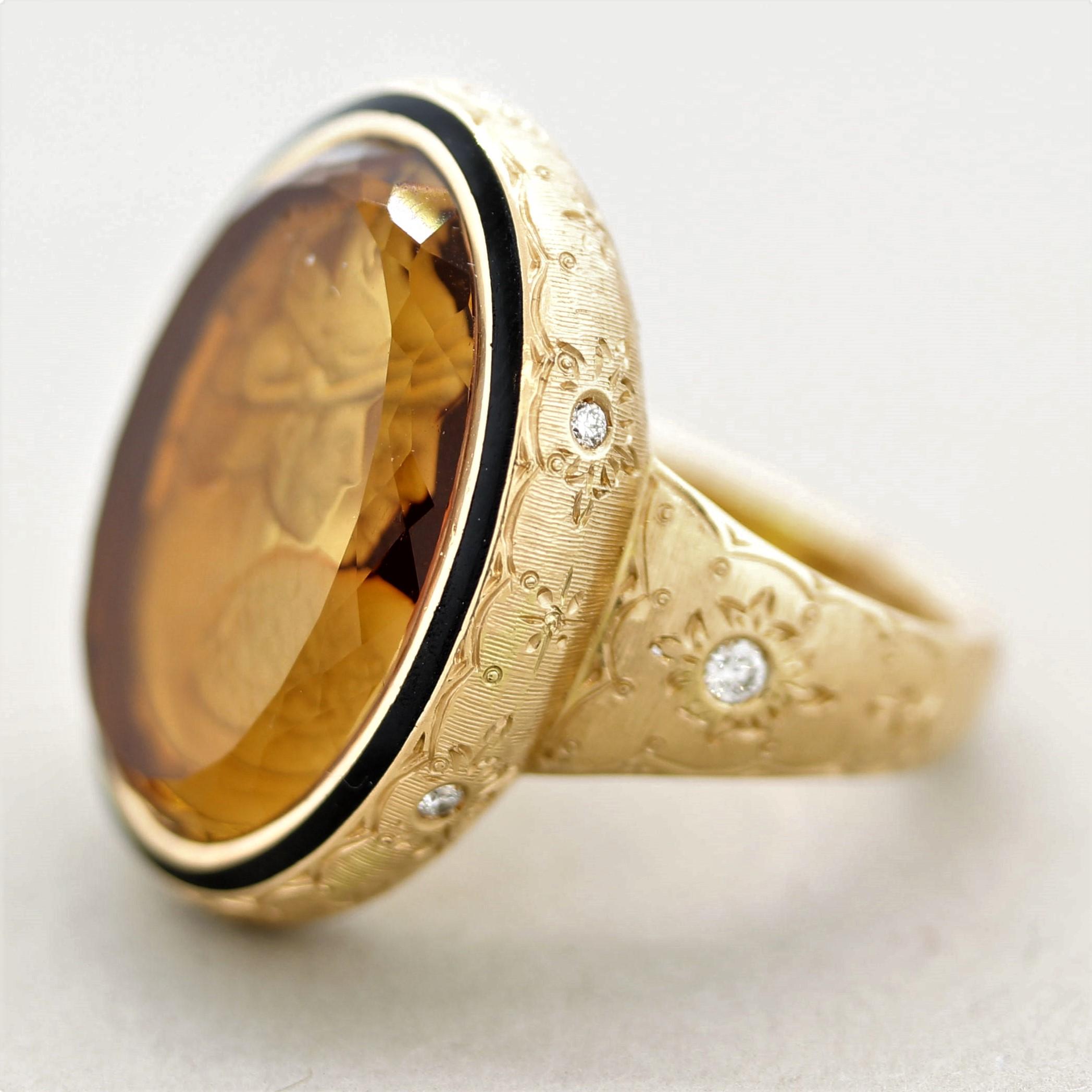 A modern ring made in the antique style! It features a 11.75 carat citrine cameo hand-carved with the relief of a noble gentleman. It is accented by a black enamel halo as well are 0.12 carats of round brilliant-cut diamonds set around the ring.