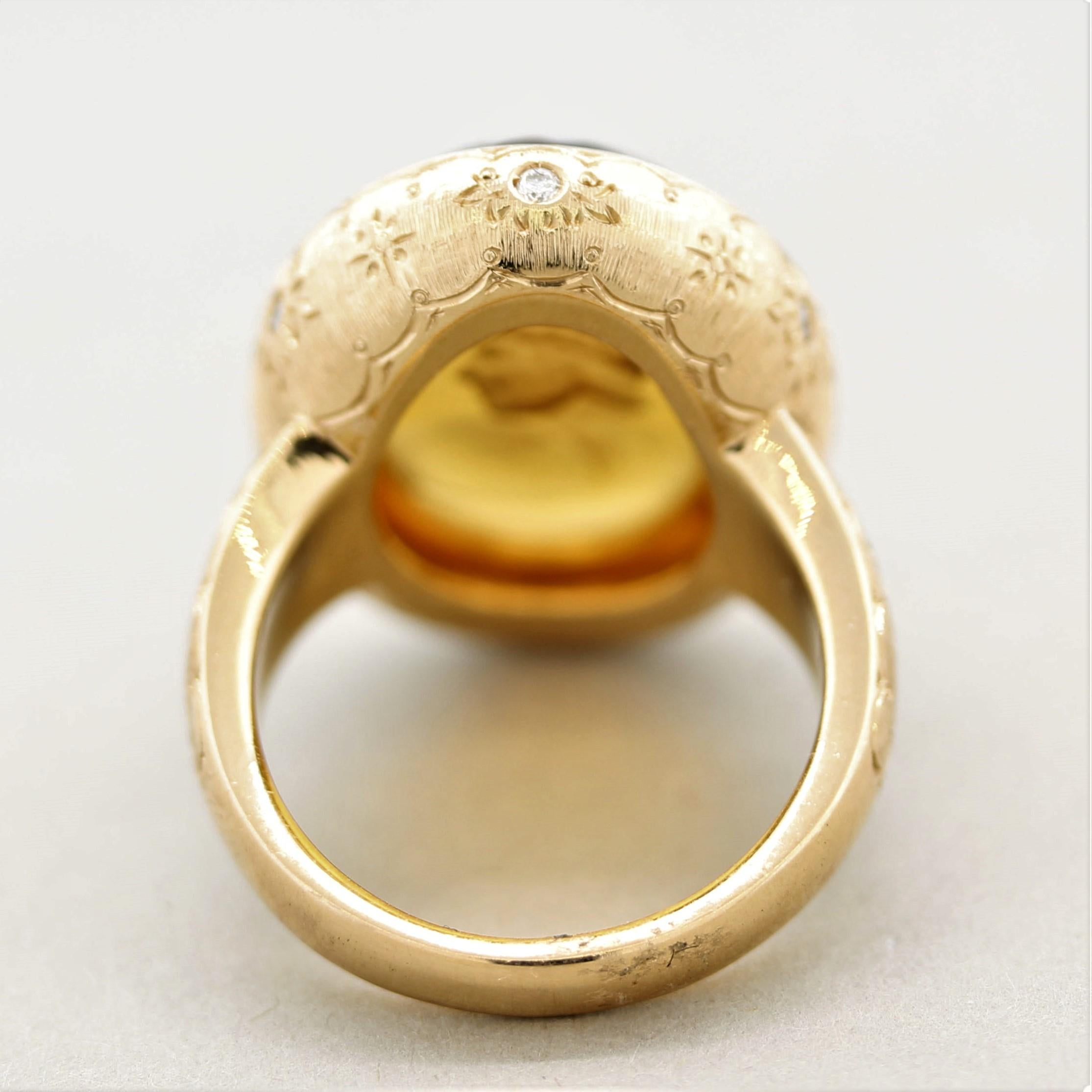 Mixed Cut Antique Style Citrine Cameo Diamond Gold Ring For Sale