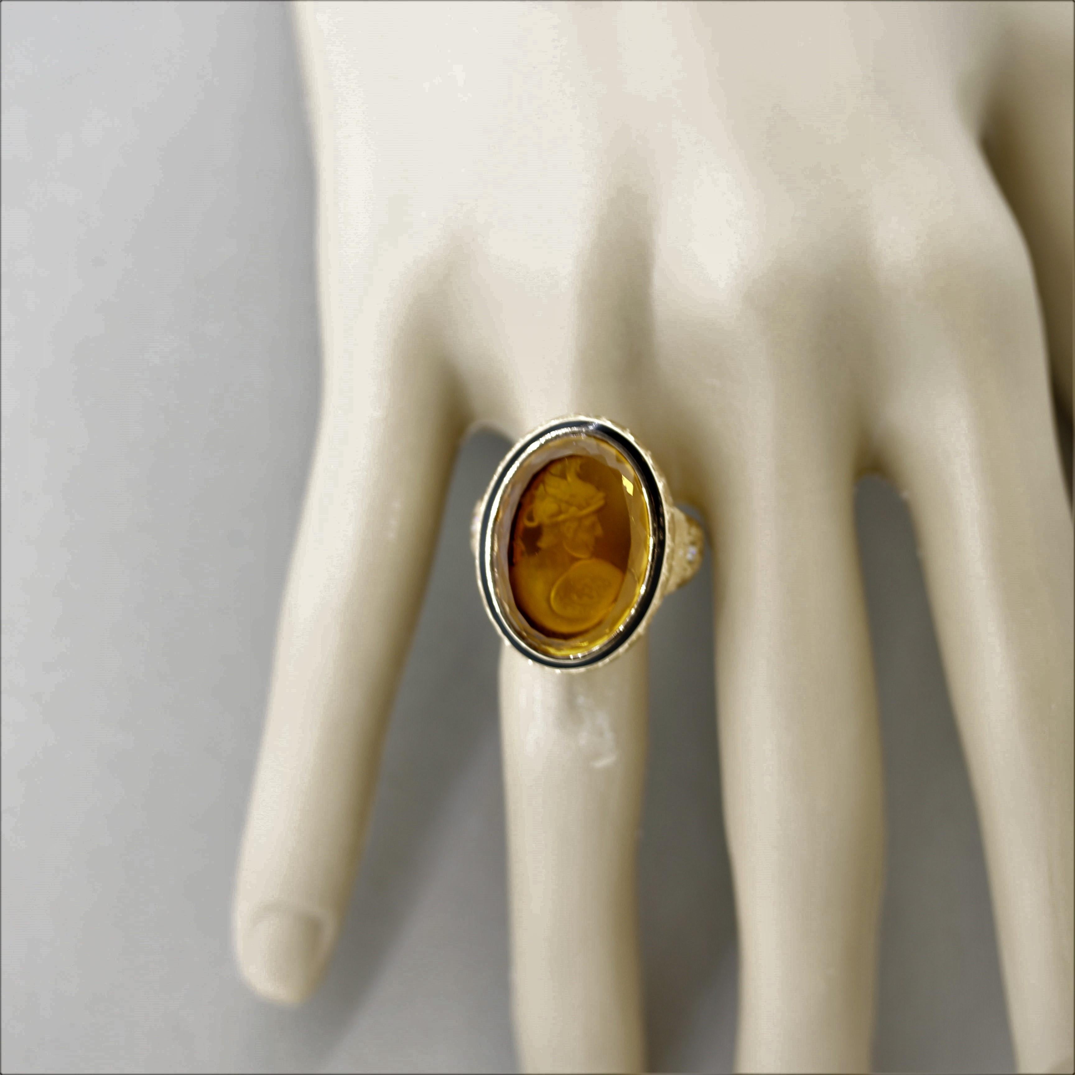 Antique Style Citrine Cameo Diamond Gold Ring For Sale 1