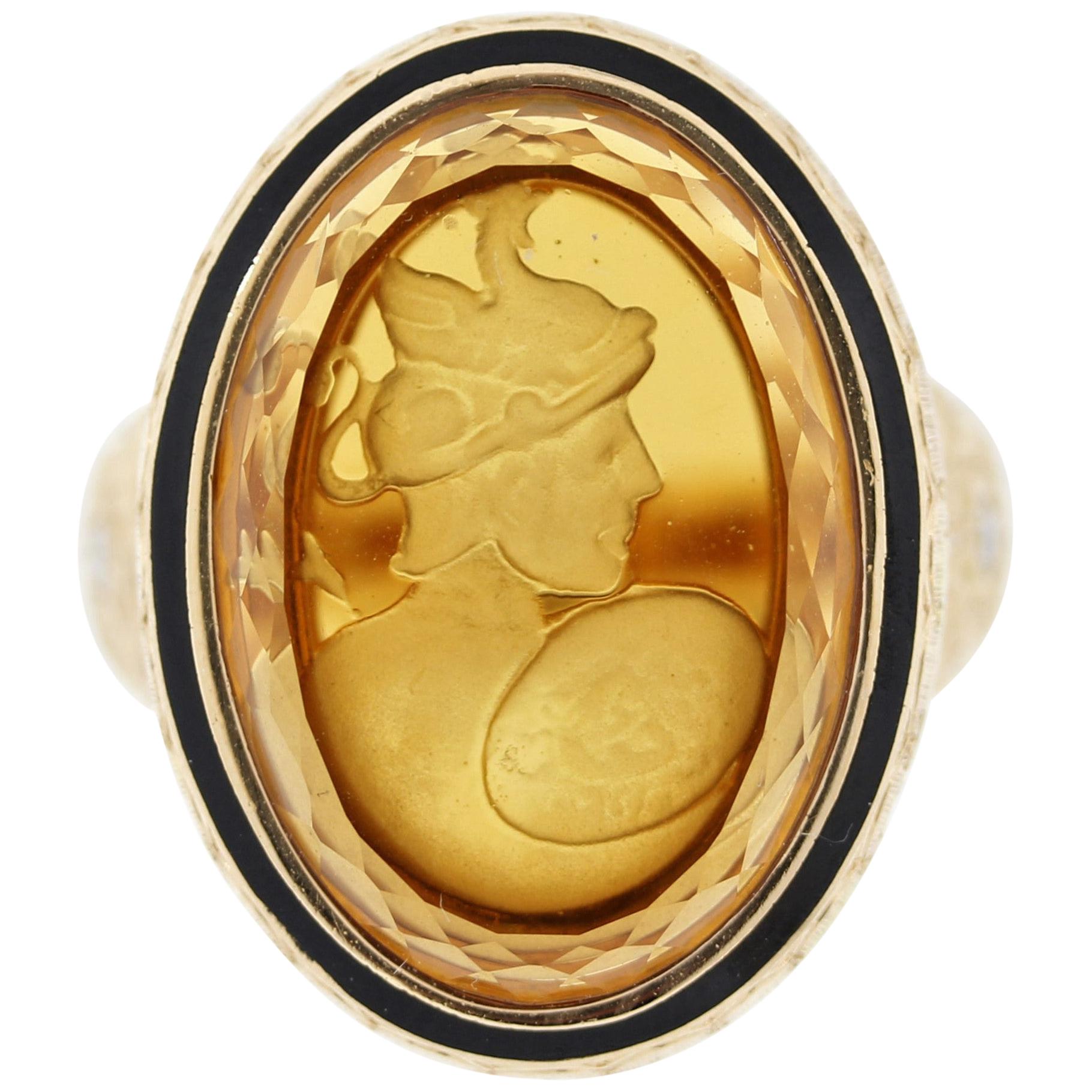 Antique Style Citrine Cameo Diamond Gold Ring For Sale