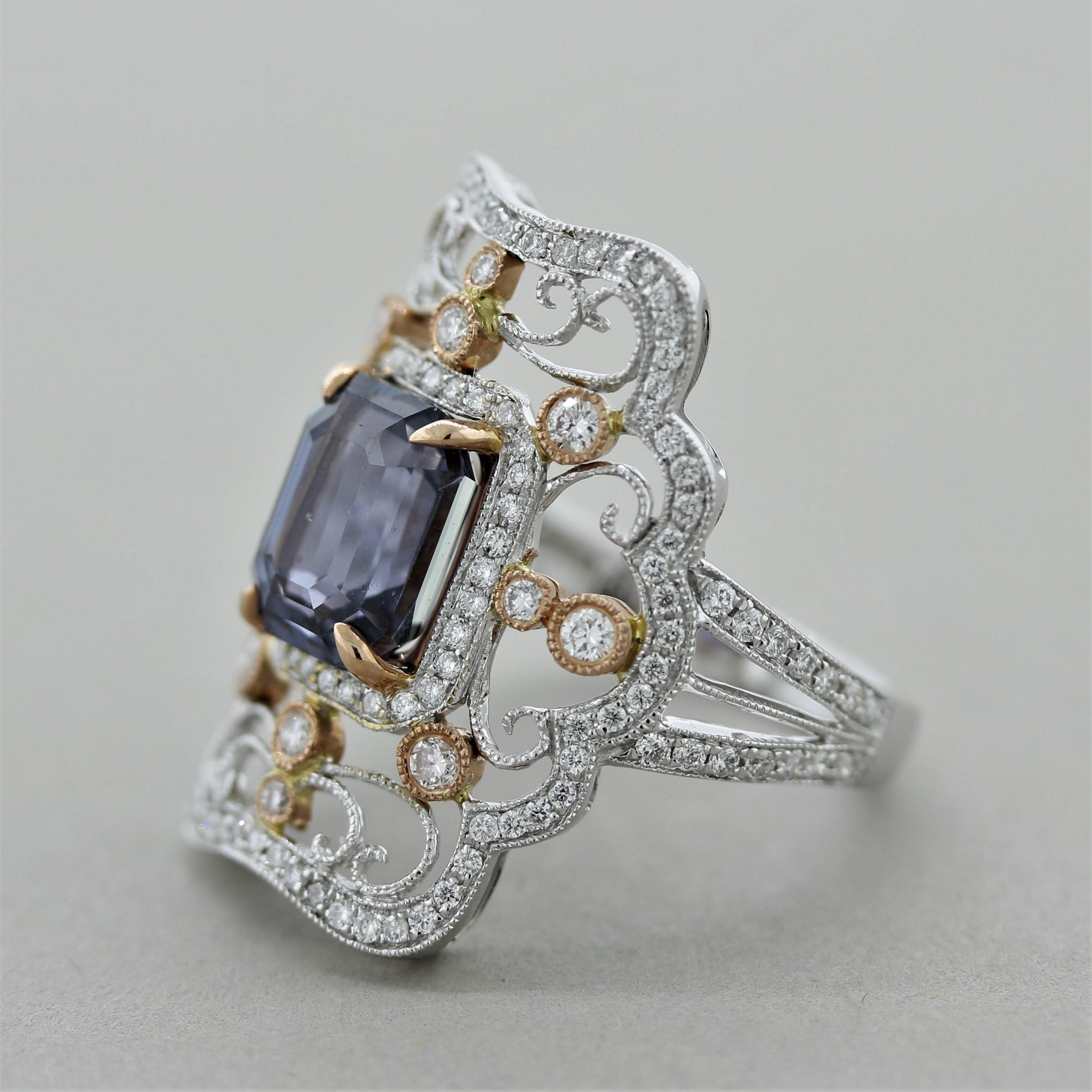 A new, sleek, and stylish ring designed in the antique style! It features a 4.06 carat emerald-cut color-change sapphire. It has a soft and bright blue color that changes to a violet/purple color under candlelight and other yellow lights. It is
