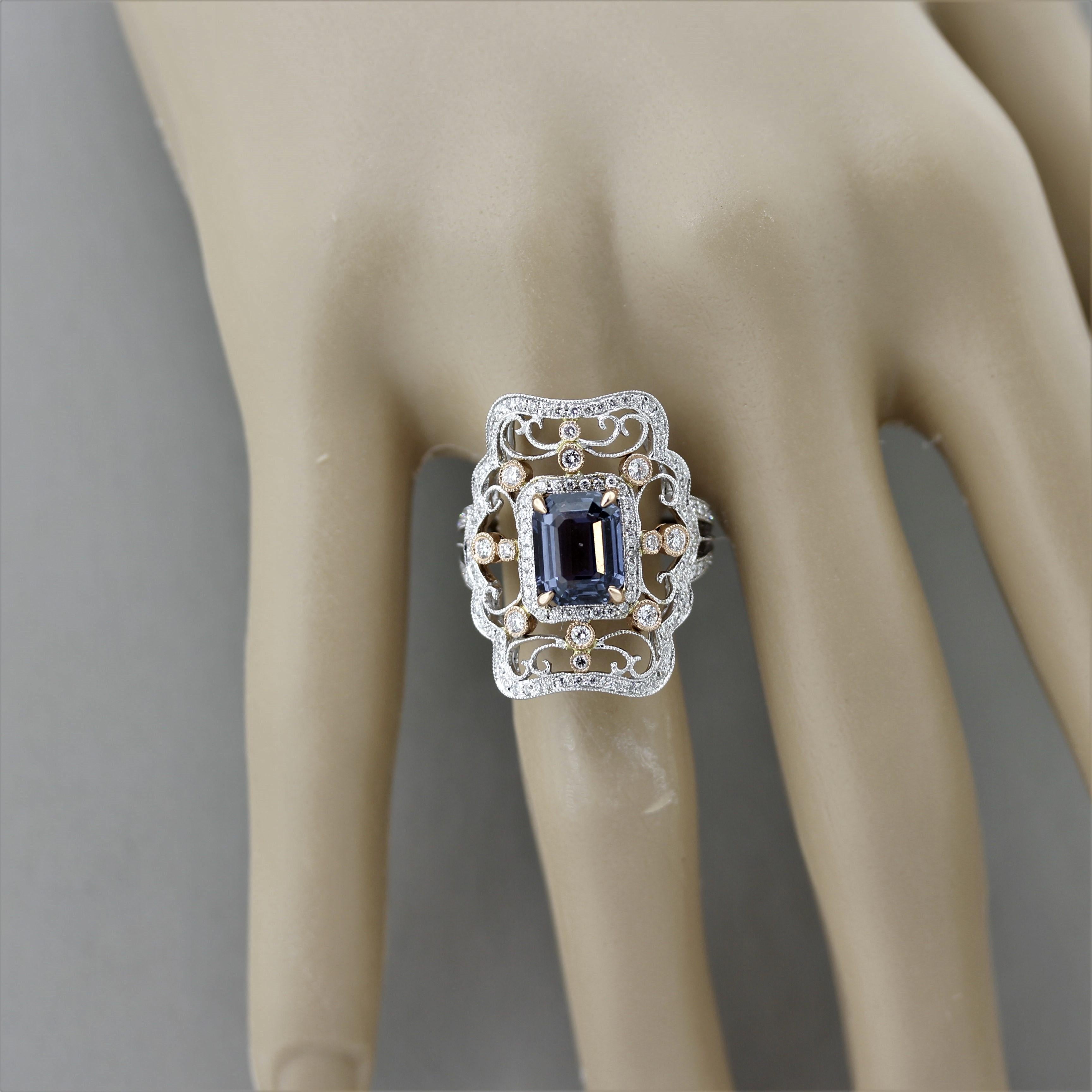 Emerald Cut Antique-Style Color-Change Sapphire Diamond Gold Ring