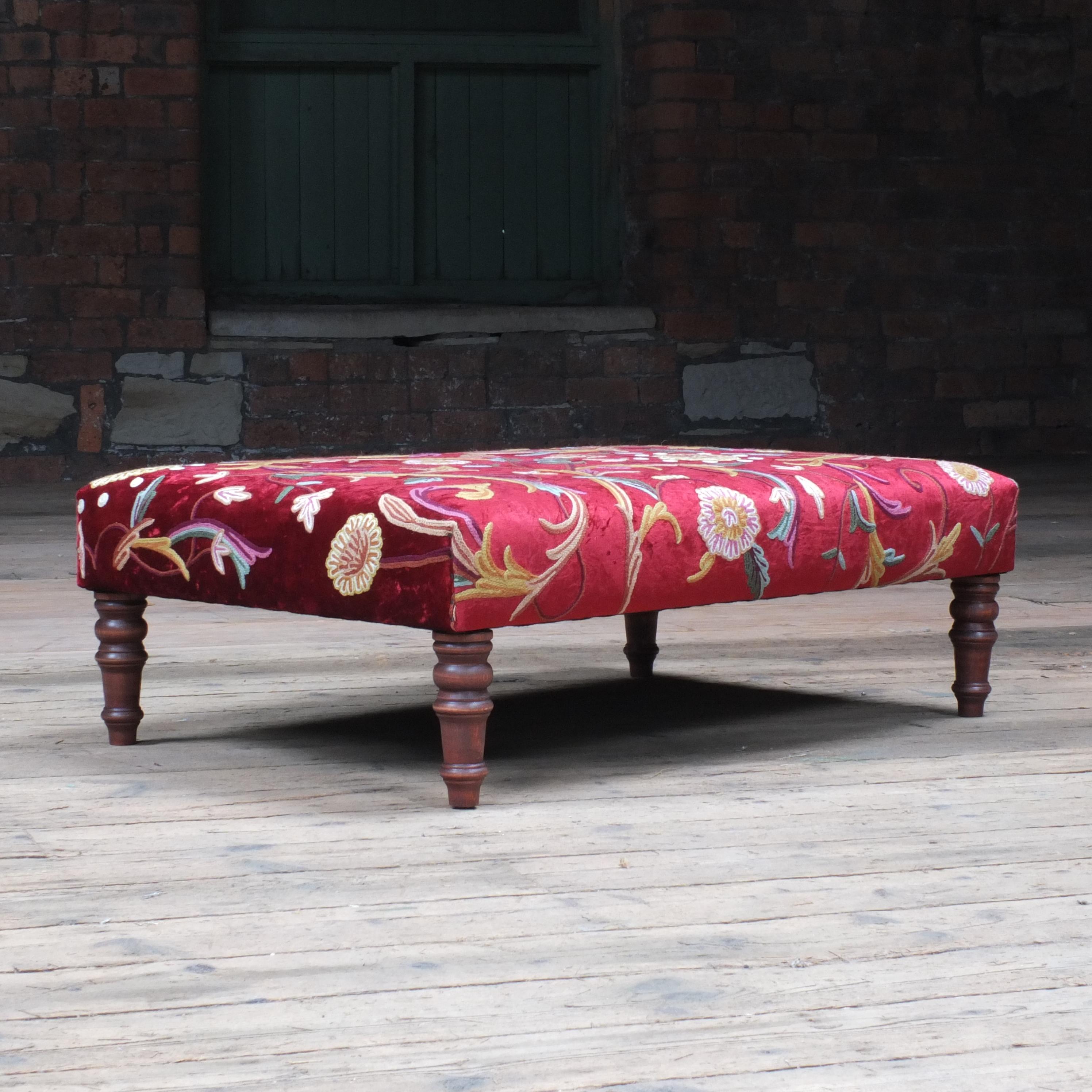 English Antique Style Country House Crewel Work on Red Velvet Footstool For Sale