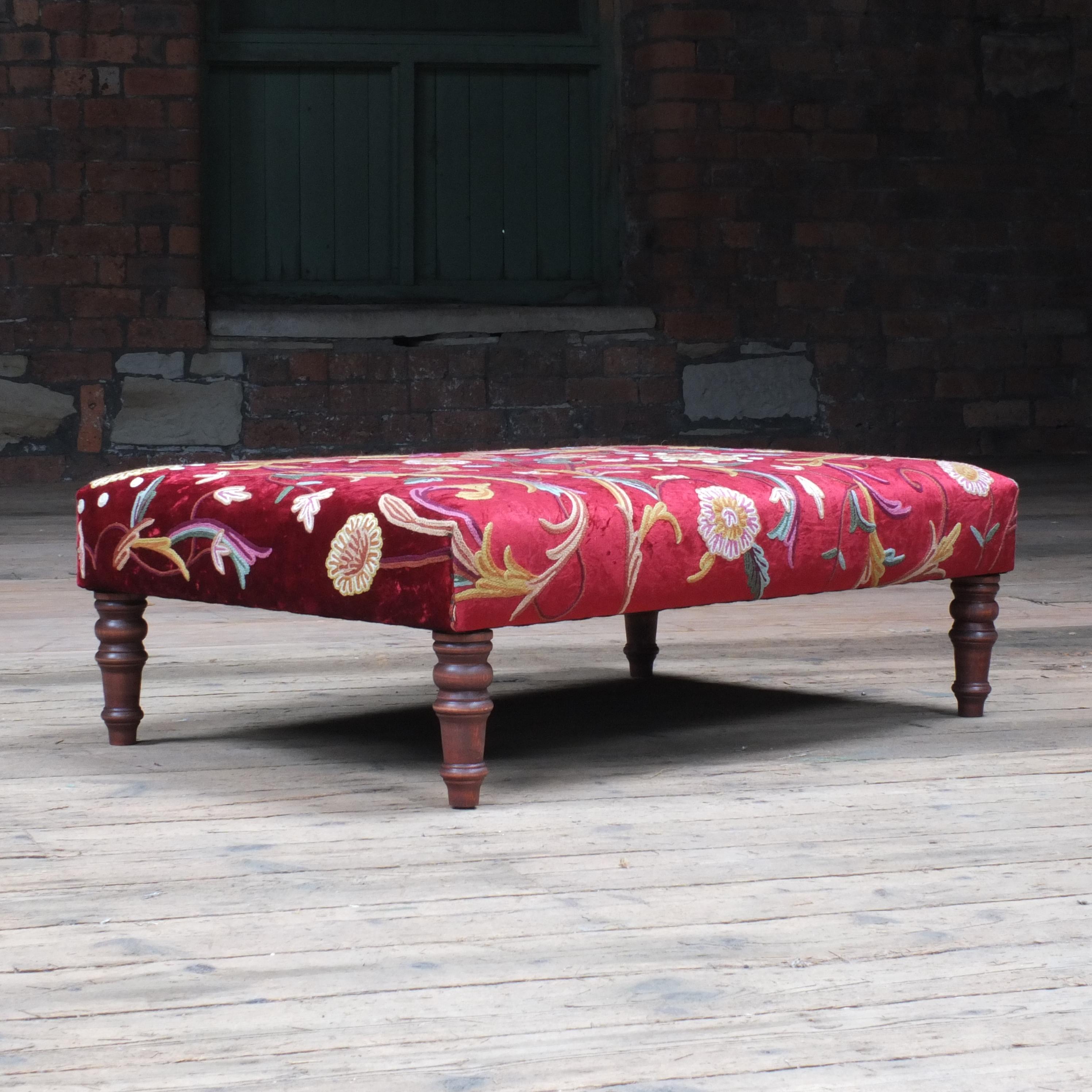 English Antique Style Country House Crewel Work on Red Velvet Footstool