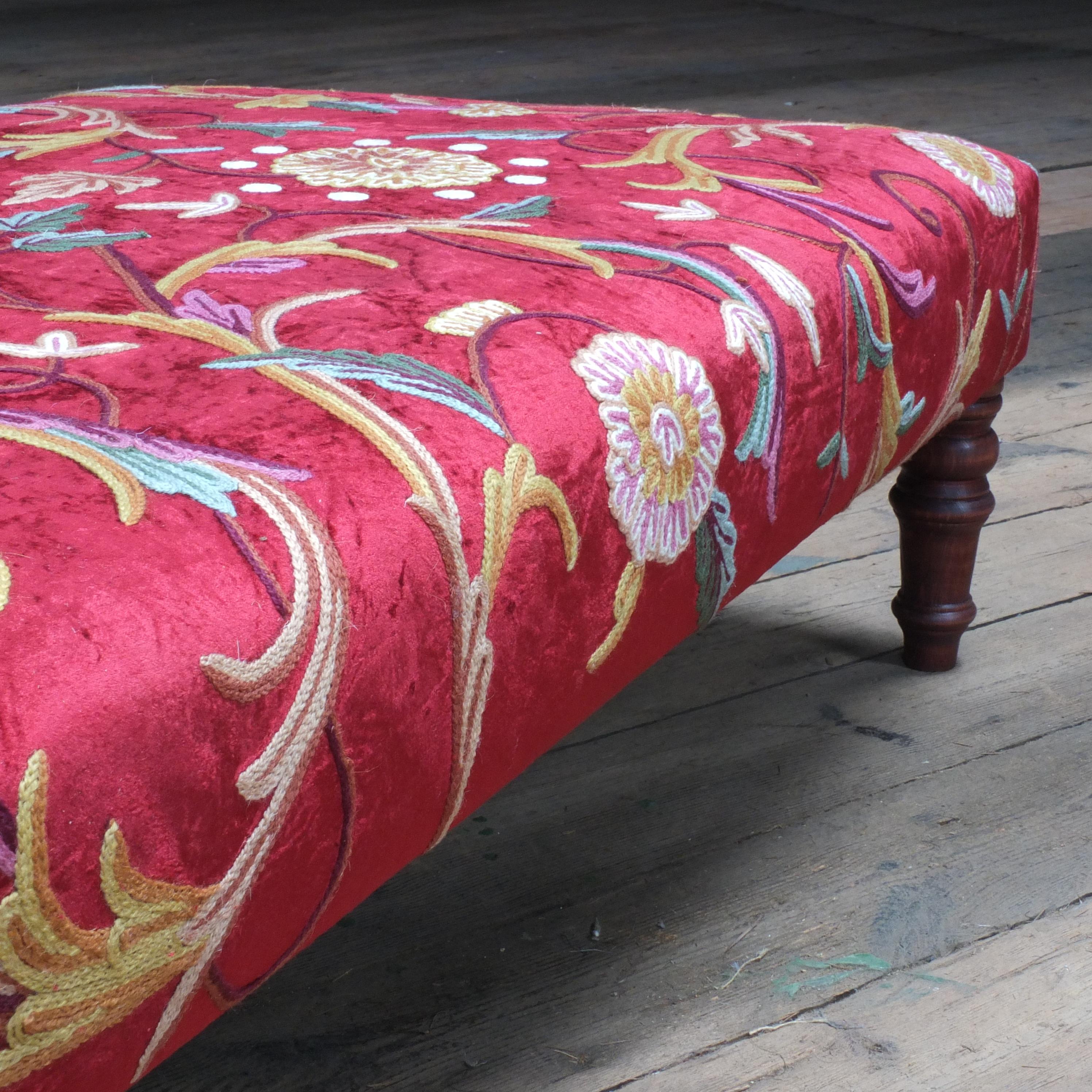 Contemporary Antique Style Country House Crewel Work on Red Velvet Footstool For Sale