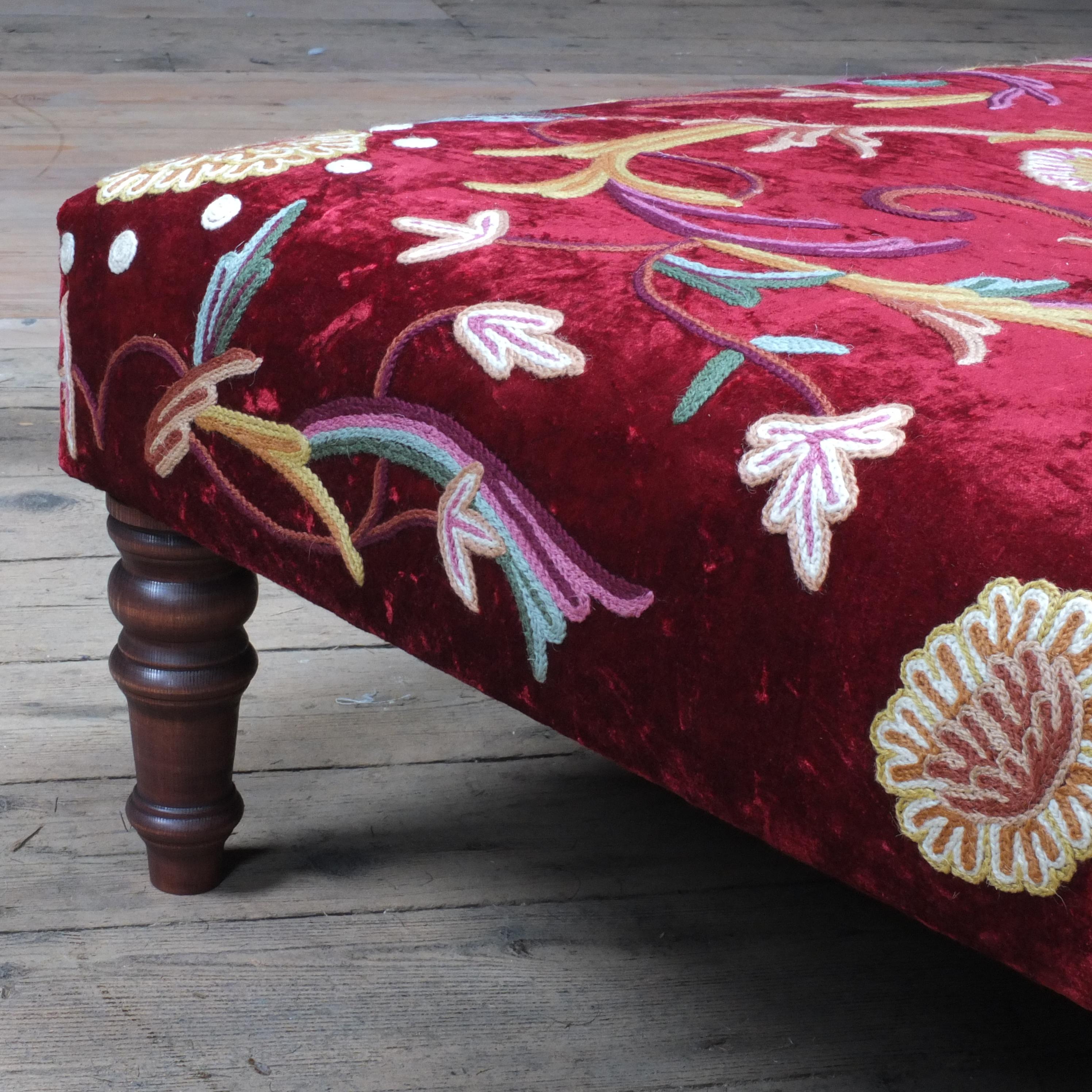 Antique Style Country House Crewel Work on Red Velvet Footstool 1