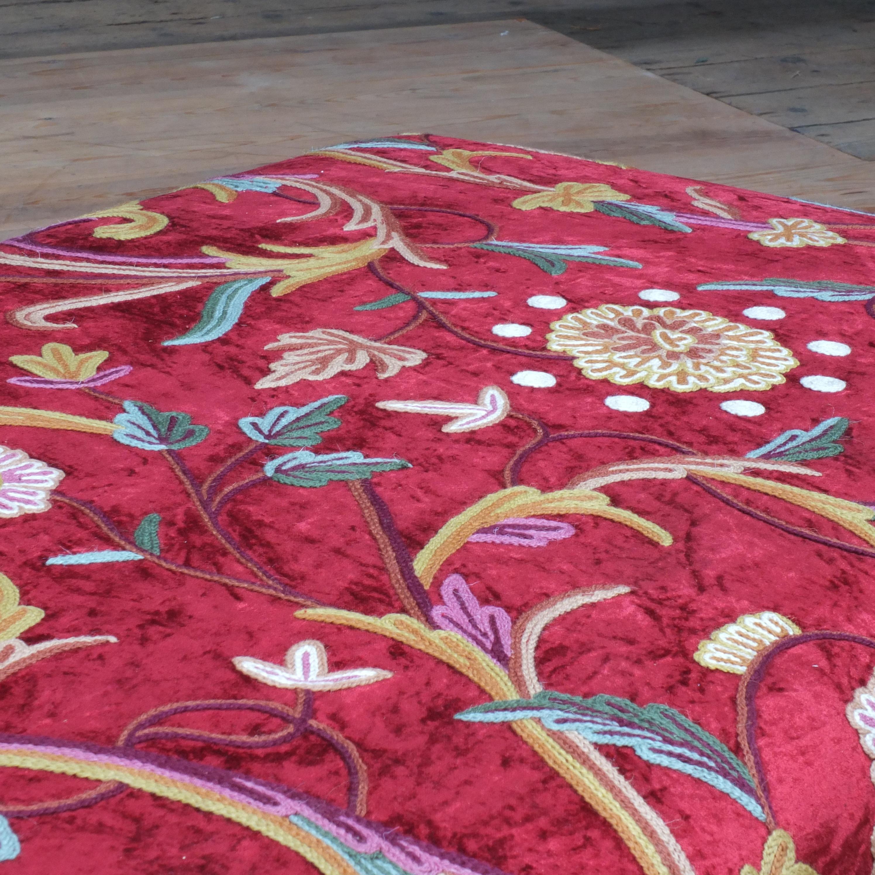 Antique Style Country House Crewel Work on Red Velvet Footstool For Sale 2