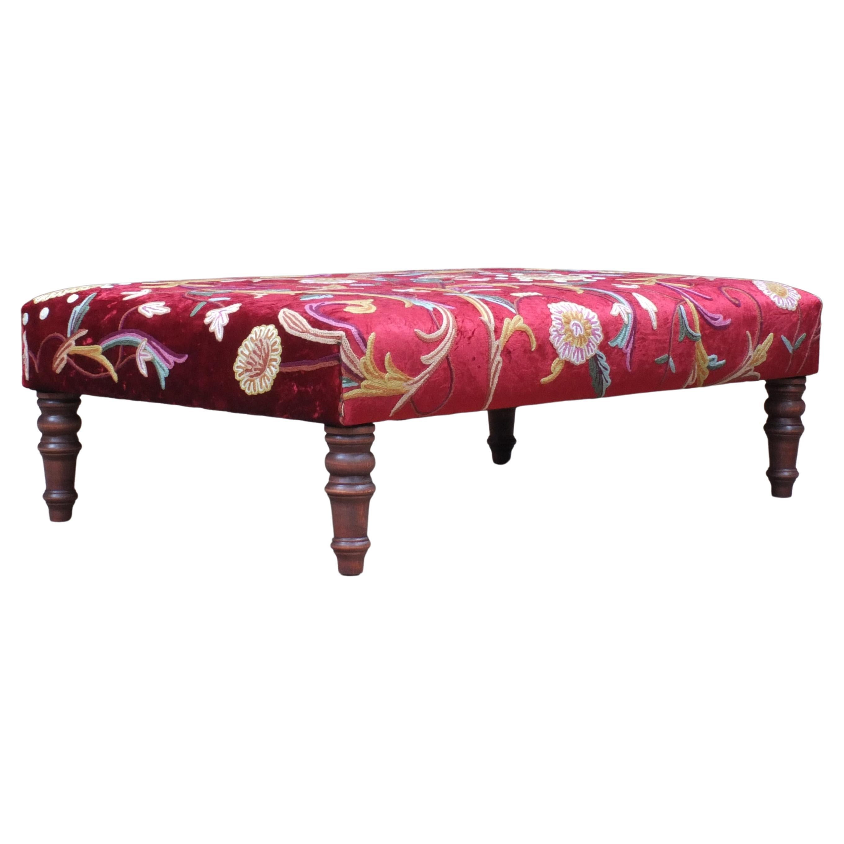 Antique Style Country House Crewel Work on Red Velvet Footstool For Sale