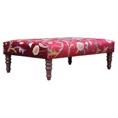 Antique Style Country House Crewel Work on Red Velvet Footstool