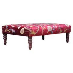 Vintage Style Country House Crewel Work on Red Velvet Footstool