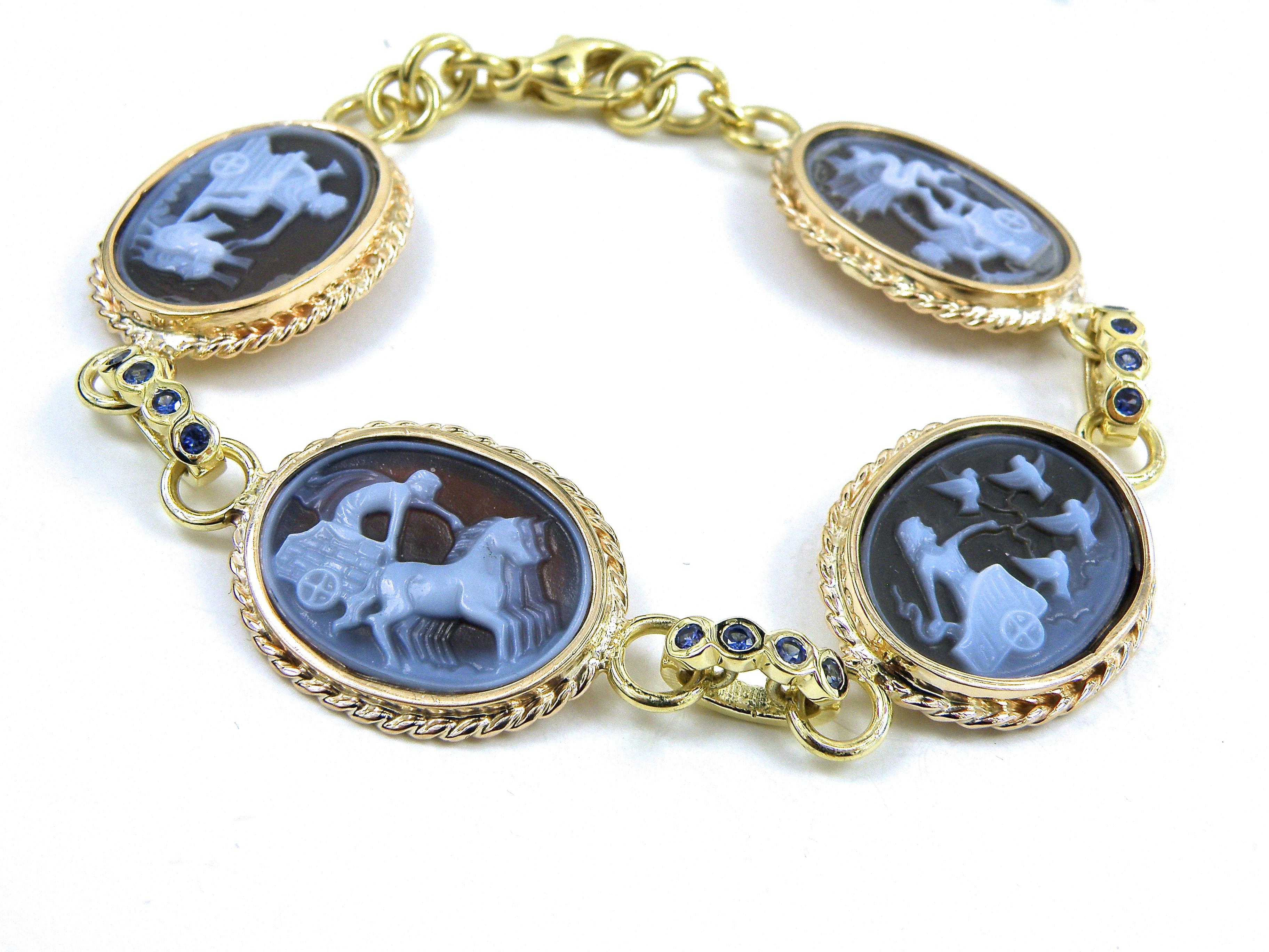 Antique Style “Days of the Week” Carved Agate Bracelet with Sapphire Bezelled Li In New Condition In Cohasset, MA