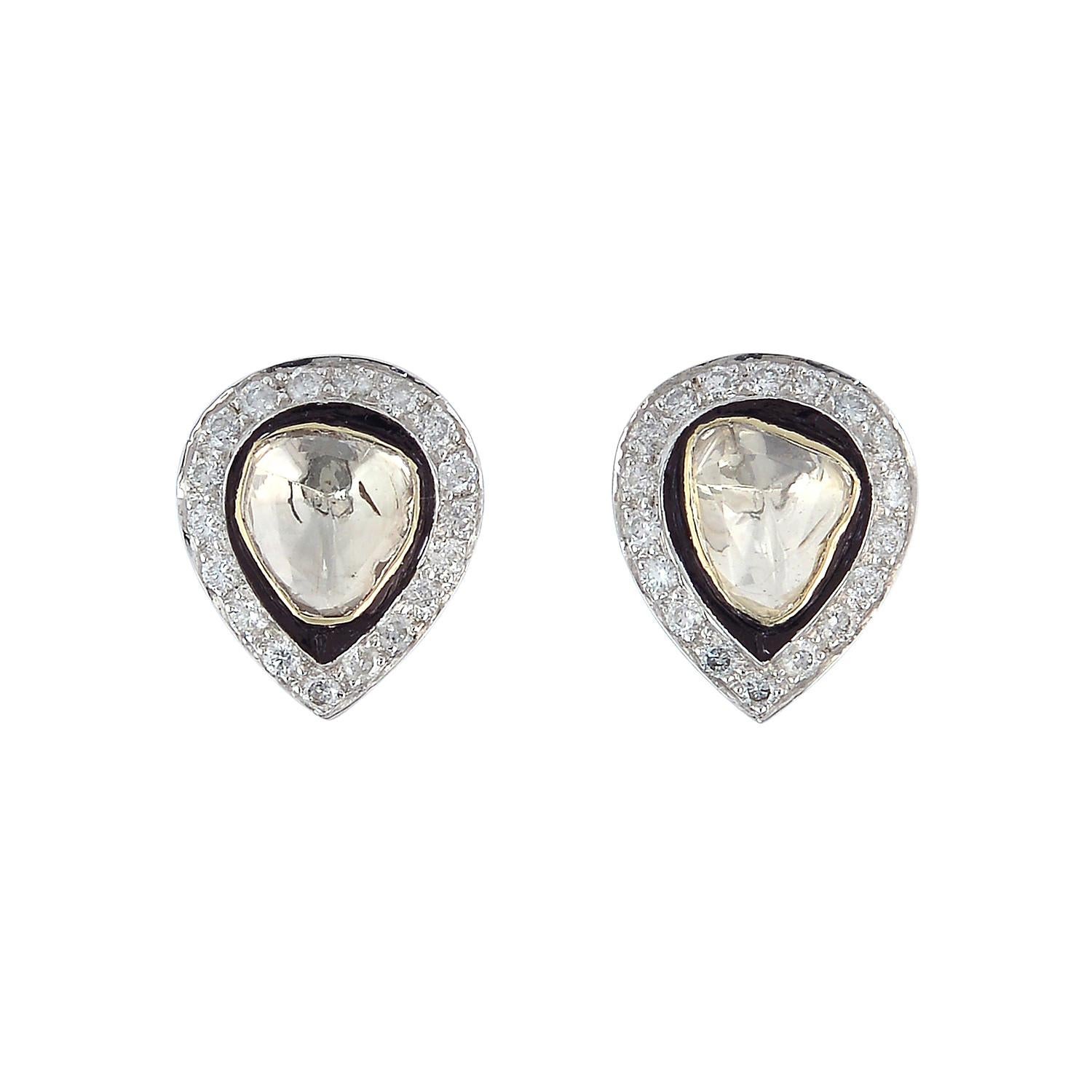 Artisan Rosecut Diamond 18 Karat Gold Pear Stud Earrings For Sale