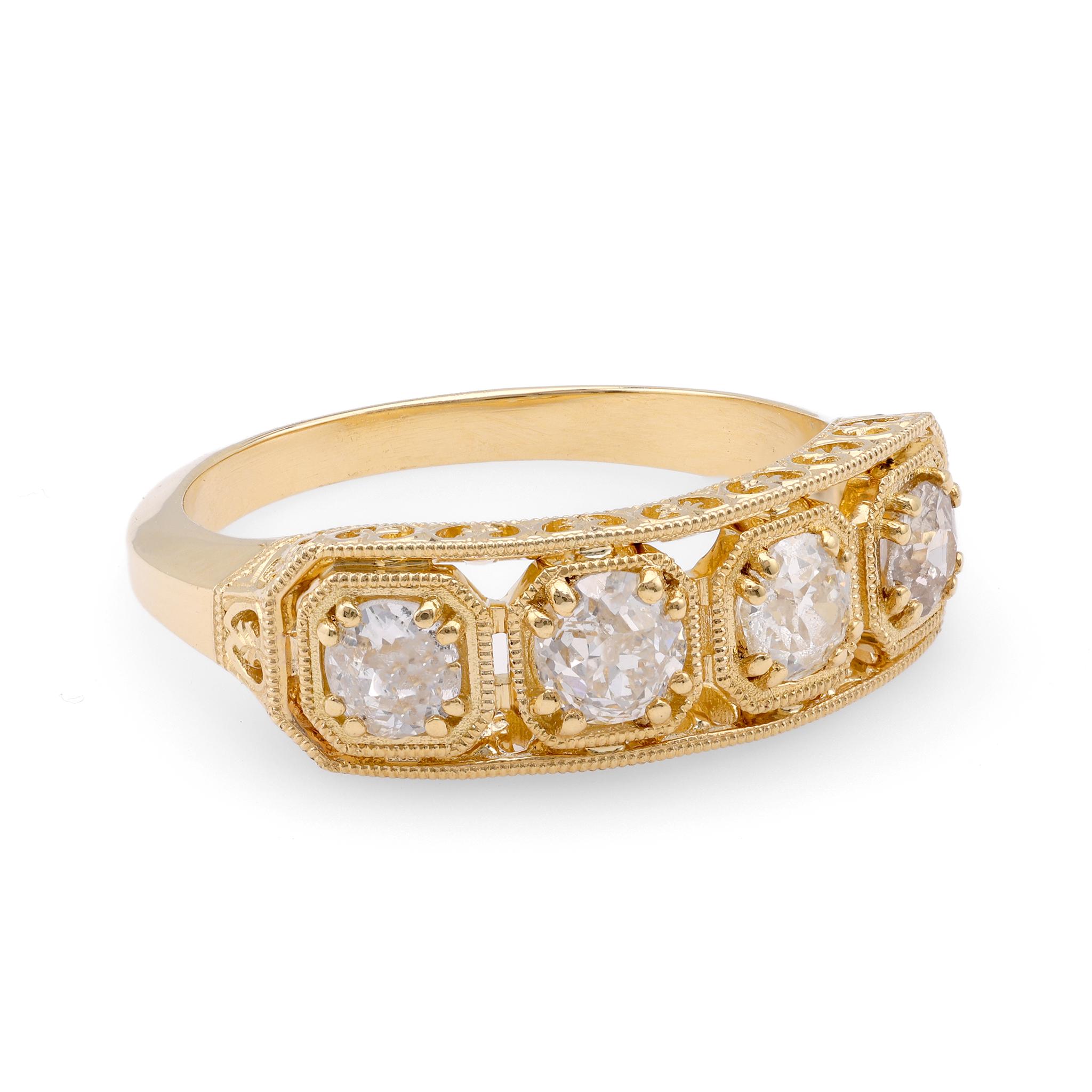 Antique Style Diamond 18K Yellow Gold Band For Sale at 1stDibs