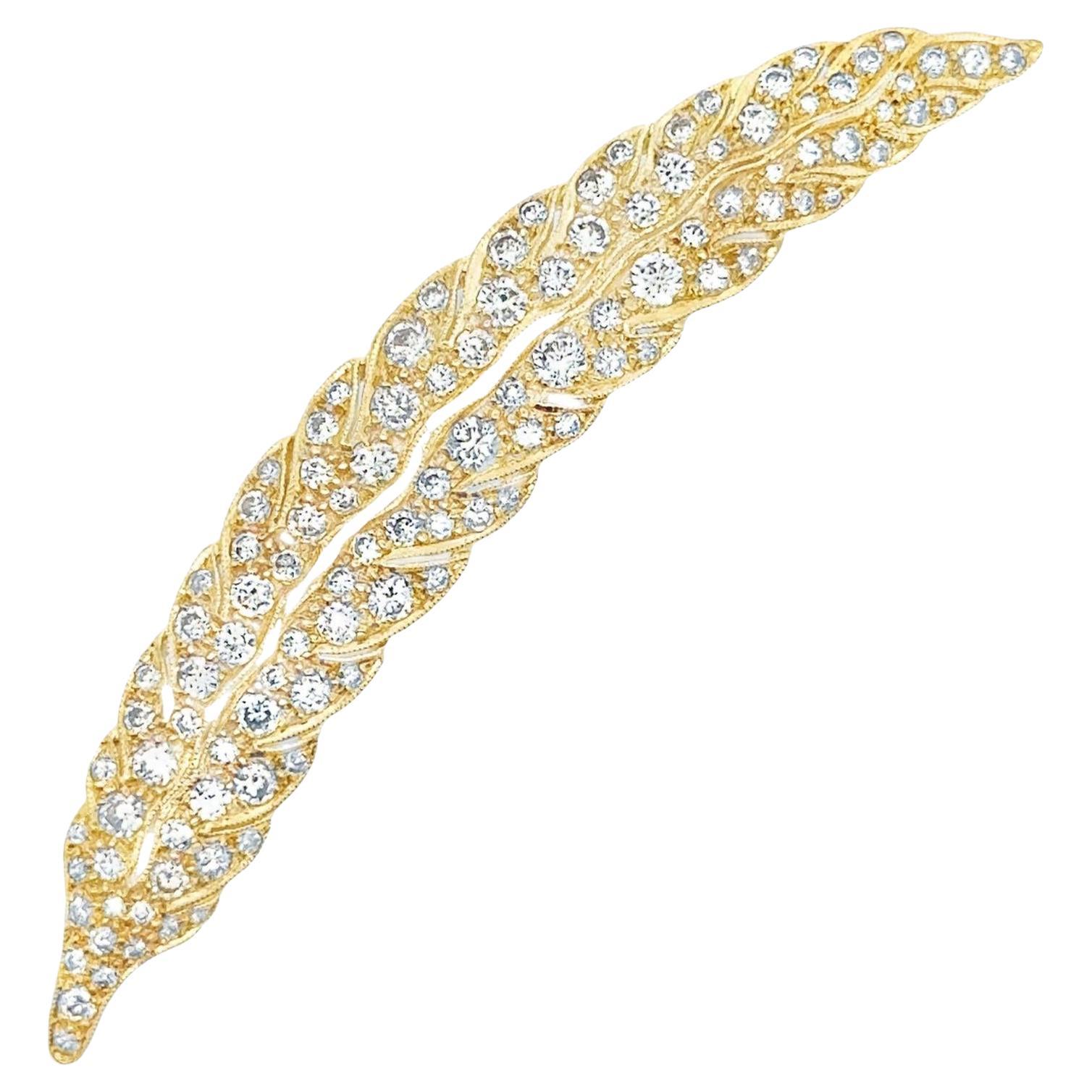 Antique-Style Diamond 18k Yellow Gold Feather Pendant-Brooch