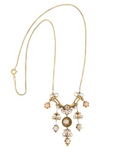 Antique-Style Diamond and Pearl Festoon Necklace in 14k Yellow Gold
