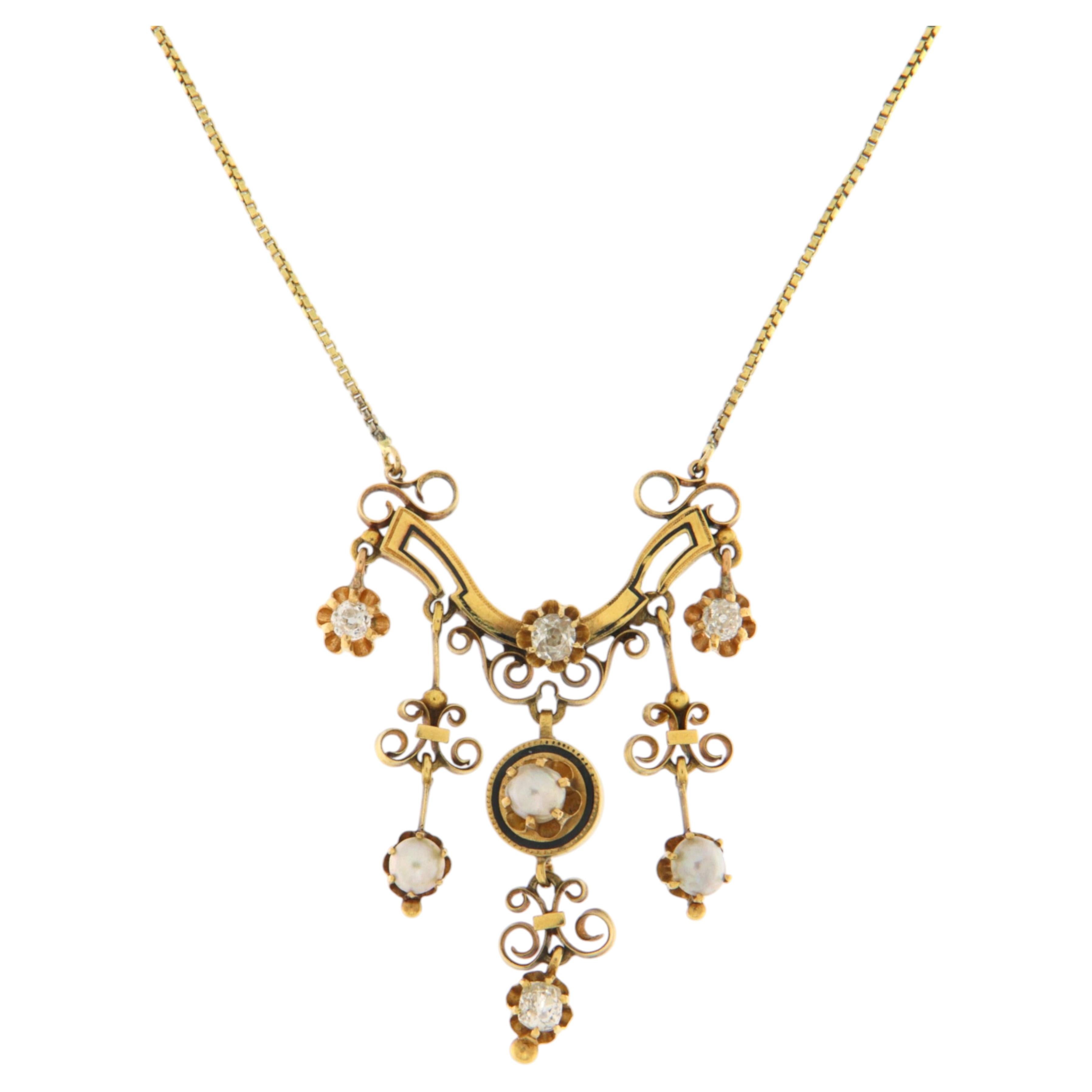 Antique-Style Diamond and Pearl Festoon Necklace in 14k Yellow Gold