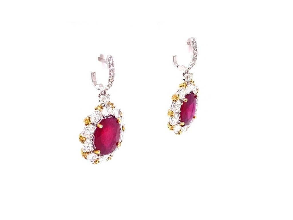 Antique style diamond and ruby cocktail earrings made with real/natural diamonds and rubies. Total Weight in Rubies: 11.59 carats (5.79 carats each). Total Diamond Weight: 3.26 carats (3.01 carats colorless + 0.25 carats fancy yellow diamonds).