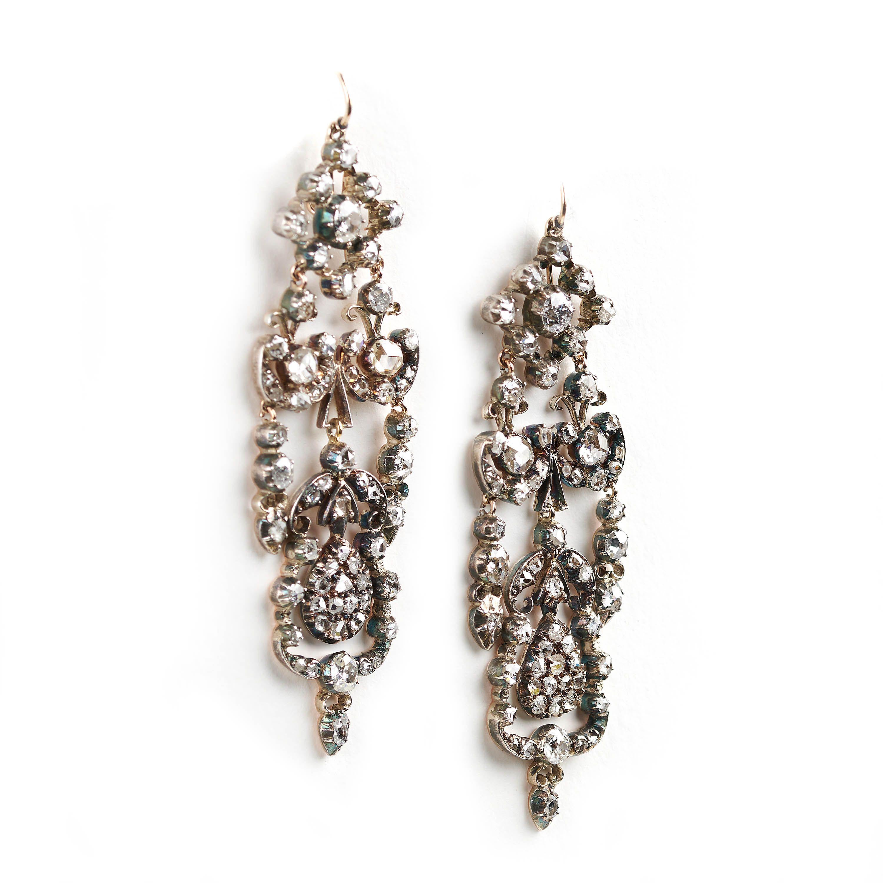 Georgian Antique Style Diamond And Silver Upon Gold Drop Earrings