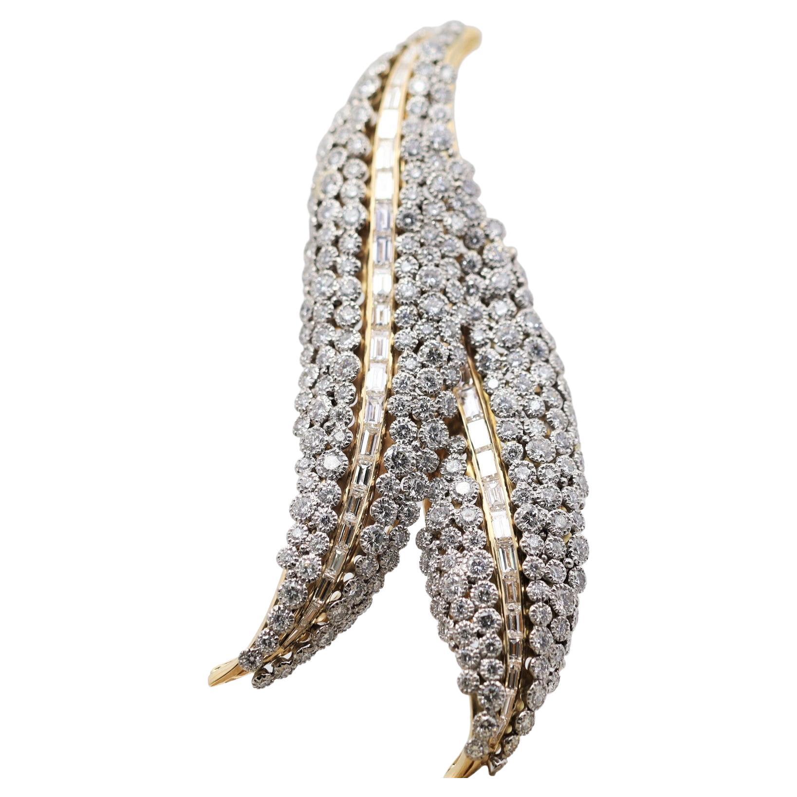 Antique-Style Diamond Double-Leaf Gold & Platinum Brooch For Sale