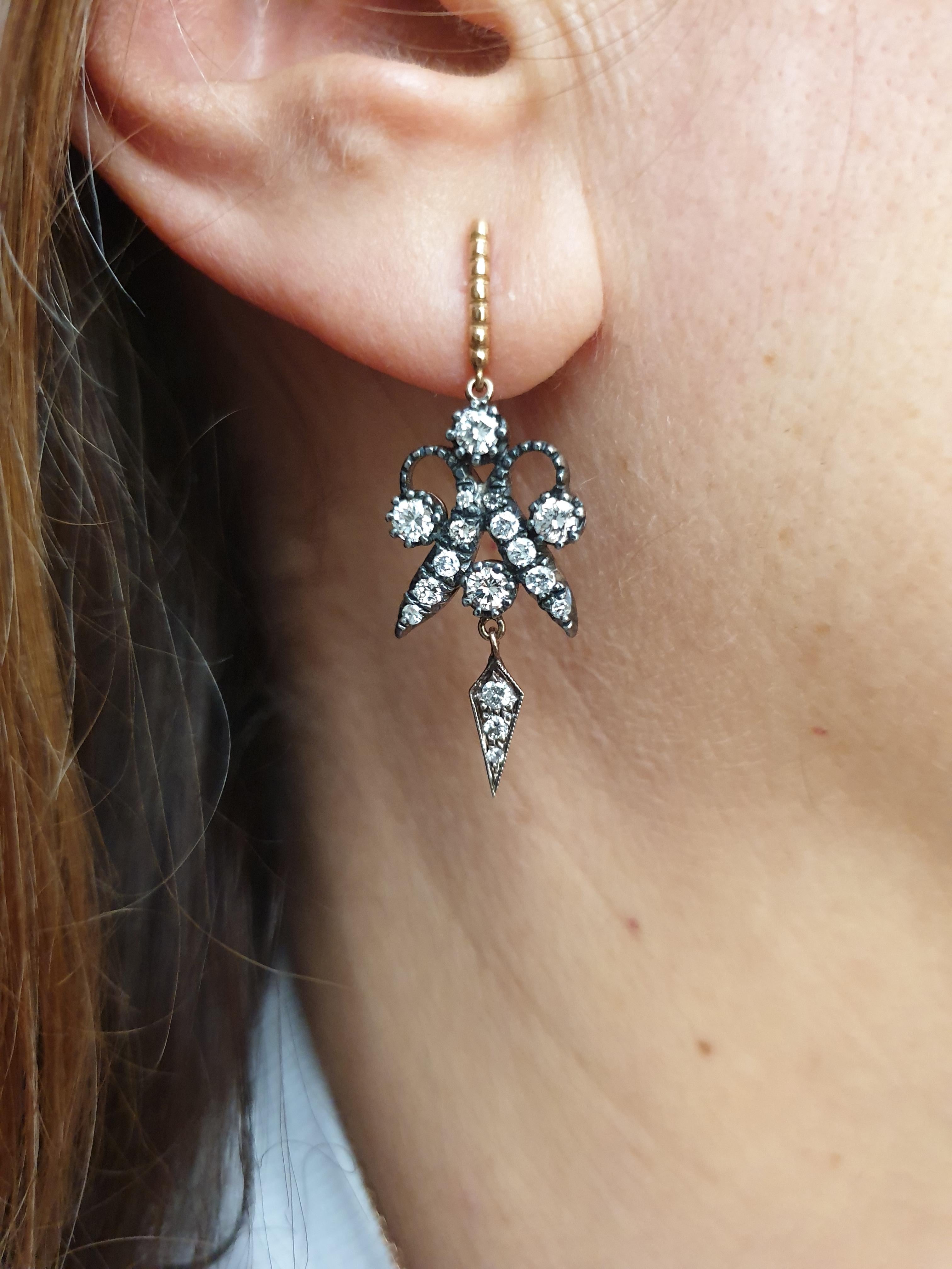 Handmade silver topped gold earrings with brilliant cut diamonds, antique style.
