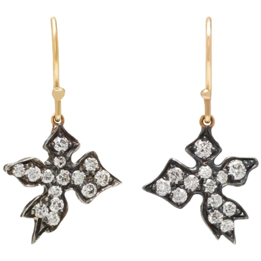 Handcrafted Gold Silver Antique Brilliant Cut Diamond Drop Chandelier Earrings For Sale