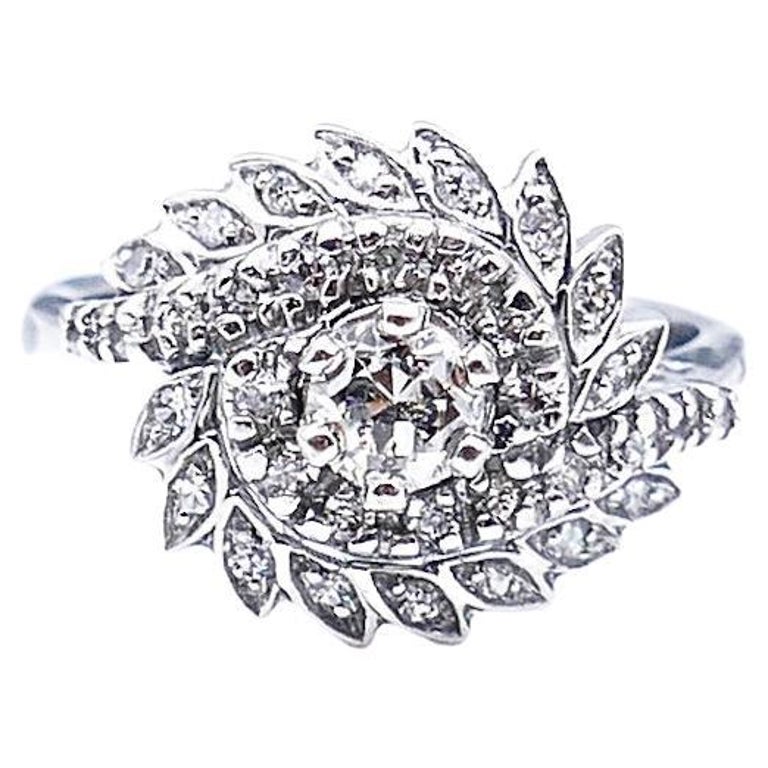 Antique Style Diamond Leaf Spiral 18K White Gold Ring For Sale at 1stDibs