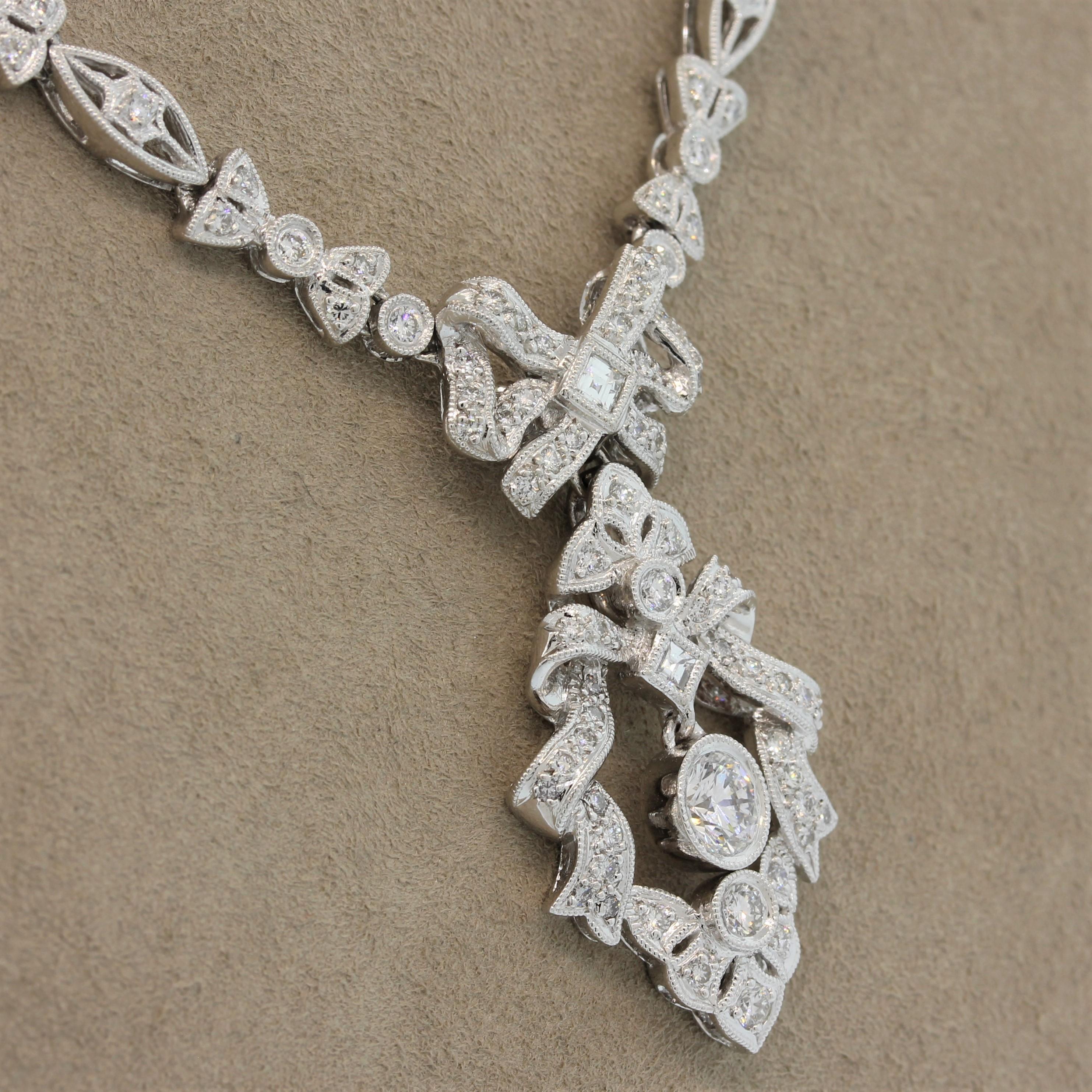 Antique Style Diamond Platinum Filigree Necklace In New Condition For Sale In Beverly Hills, CA