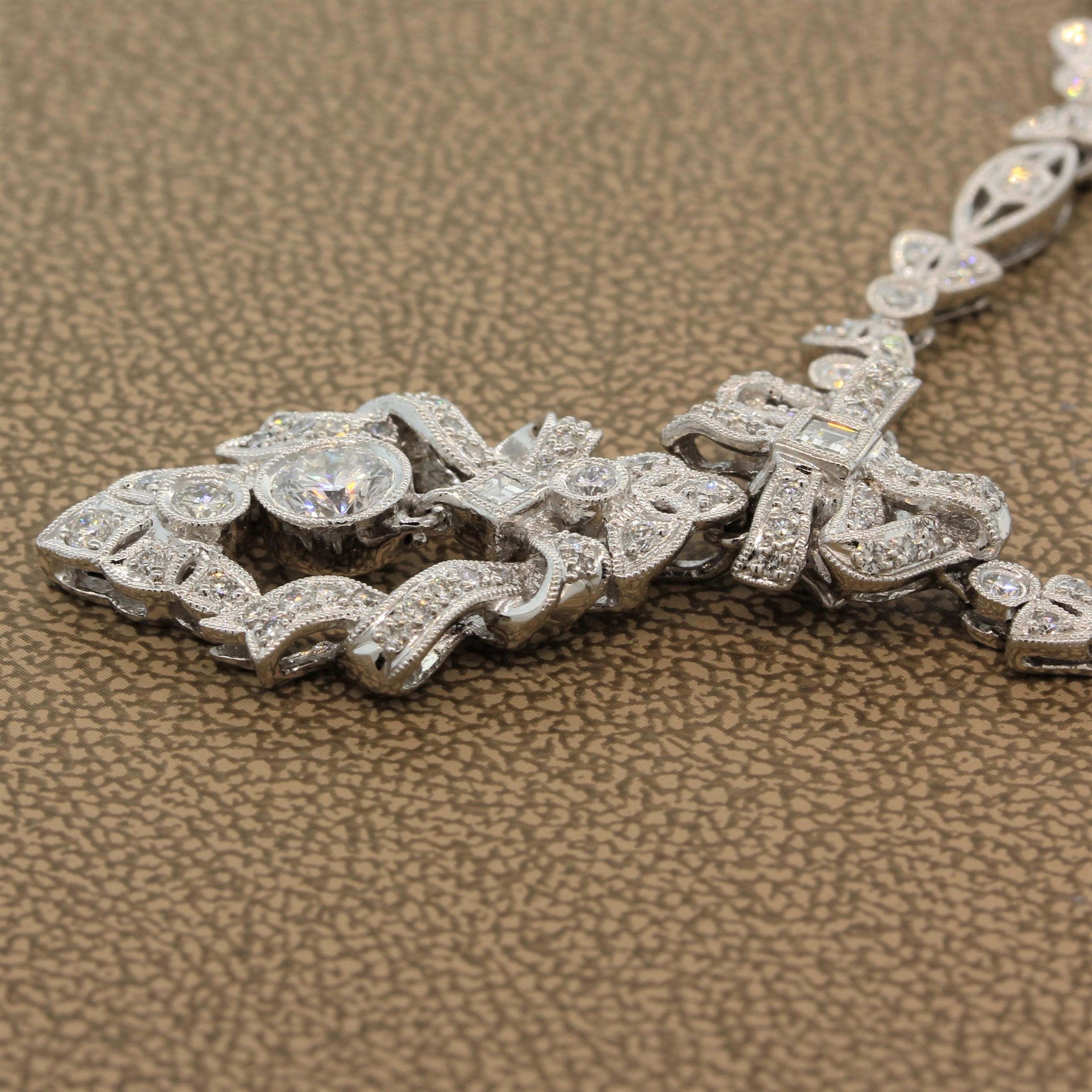 Antique Style Diamond Platinum Filigree Necklace For Sale 1