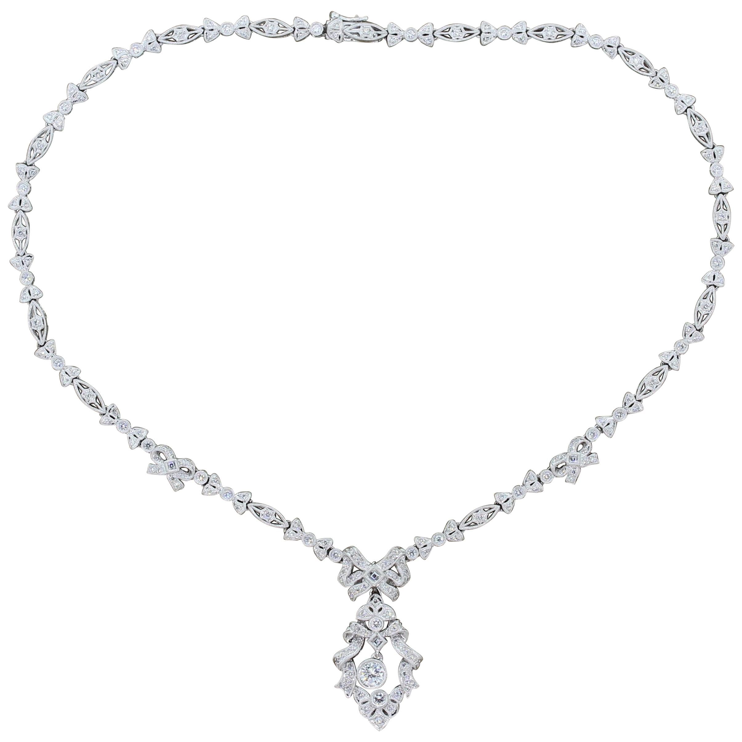 Antique Style Diamond Platinum Filigree Necklace For Sale