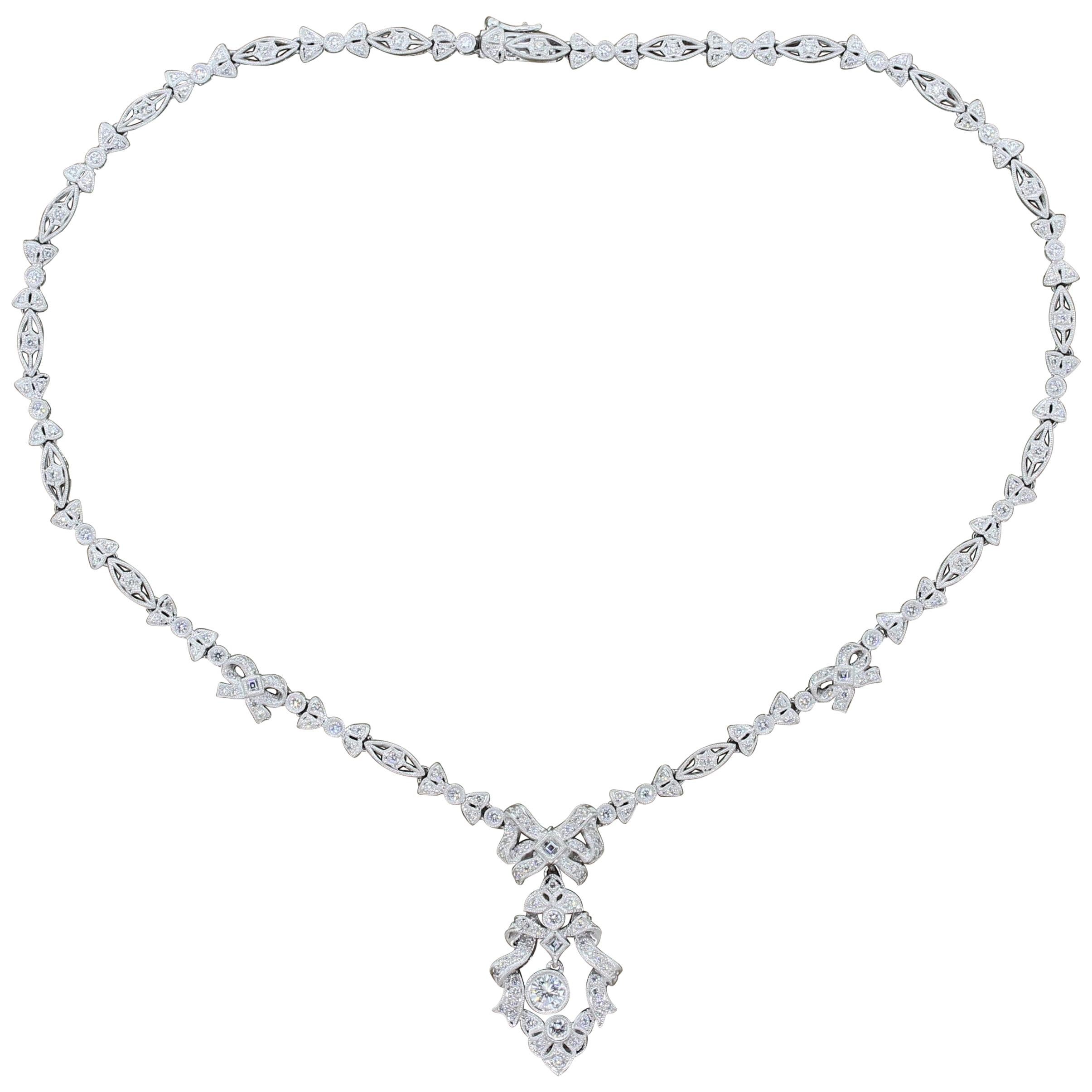 Antique Style Diamond Platinum Filigree Necklace