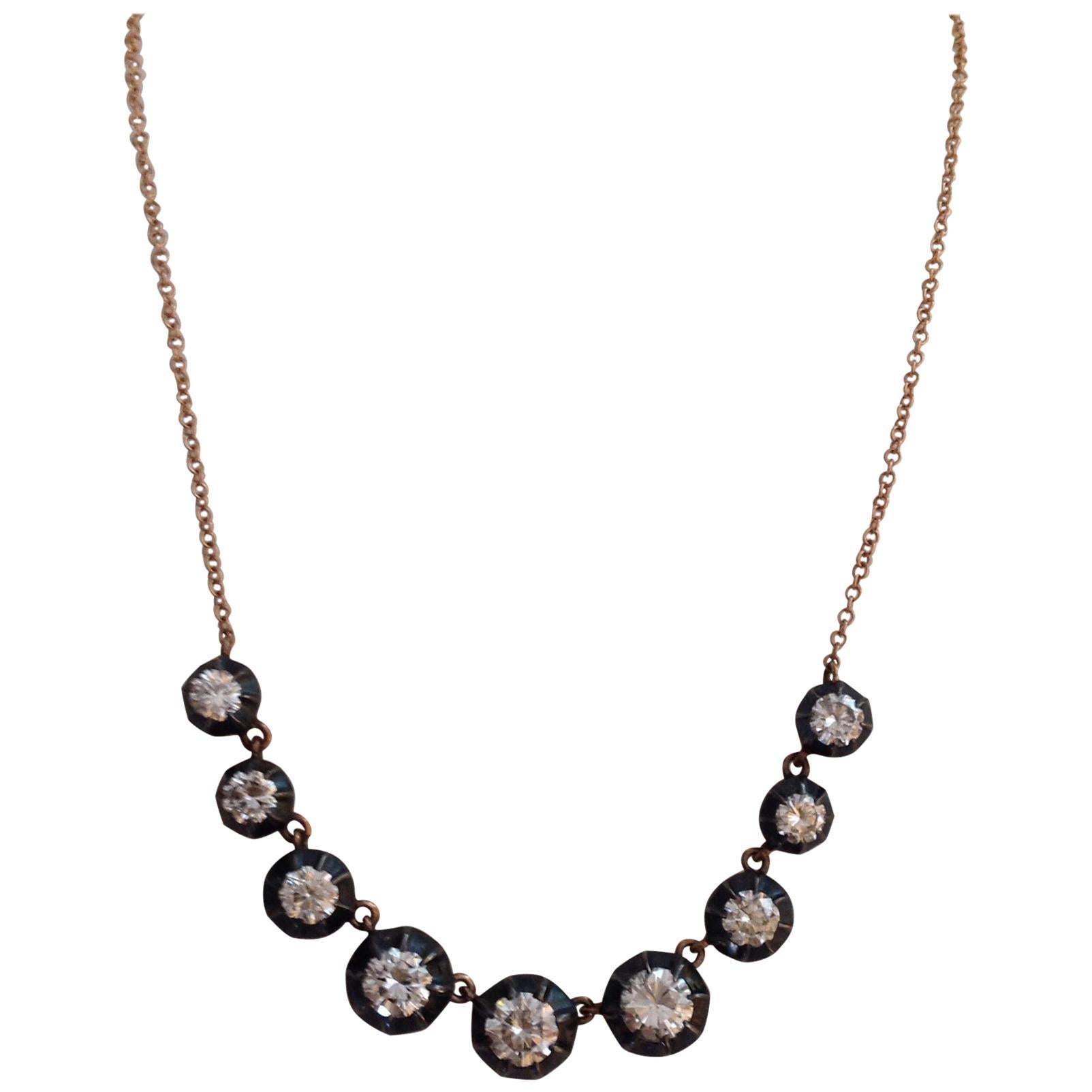 Antique Style Diamond Riviere Necklace with 18 Karat Rose Gold Chain For Sale