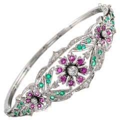Antique Style Diamond, Ruby and Emerald Floral Bangle Bracelet