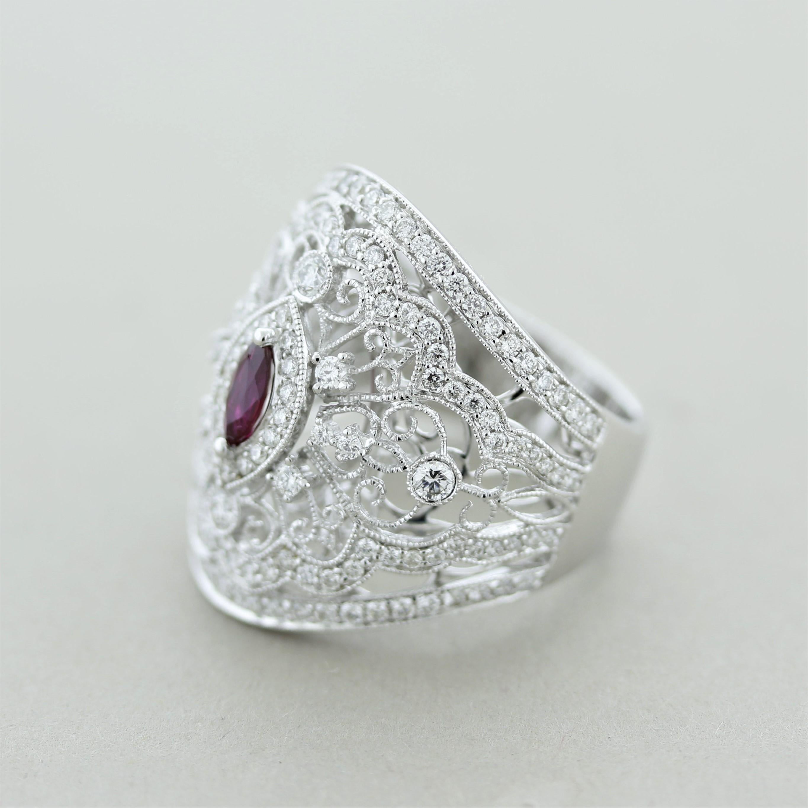 Mixed Cut Antique Style Diamond Ruby Wide Band Ring For Sale