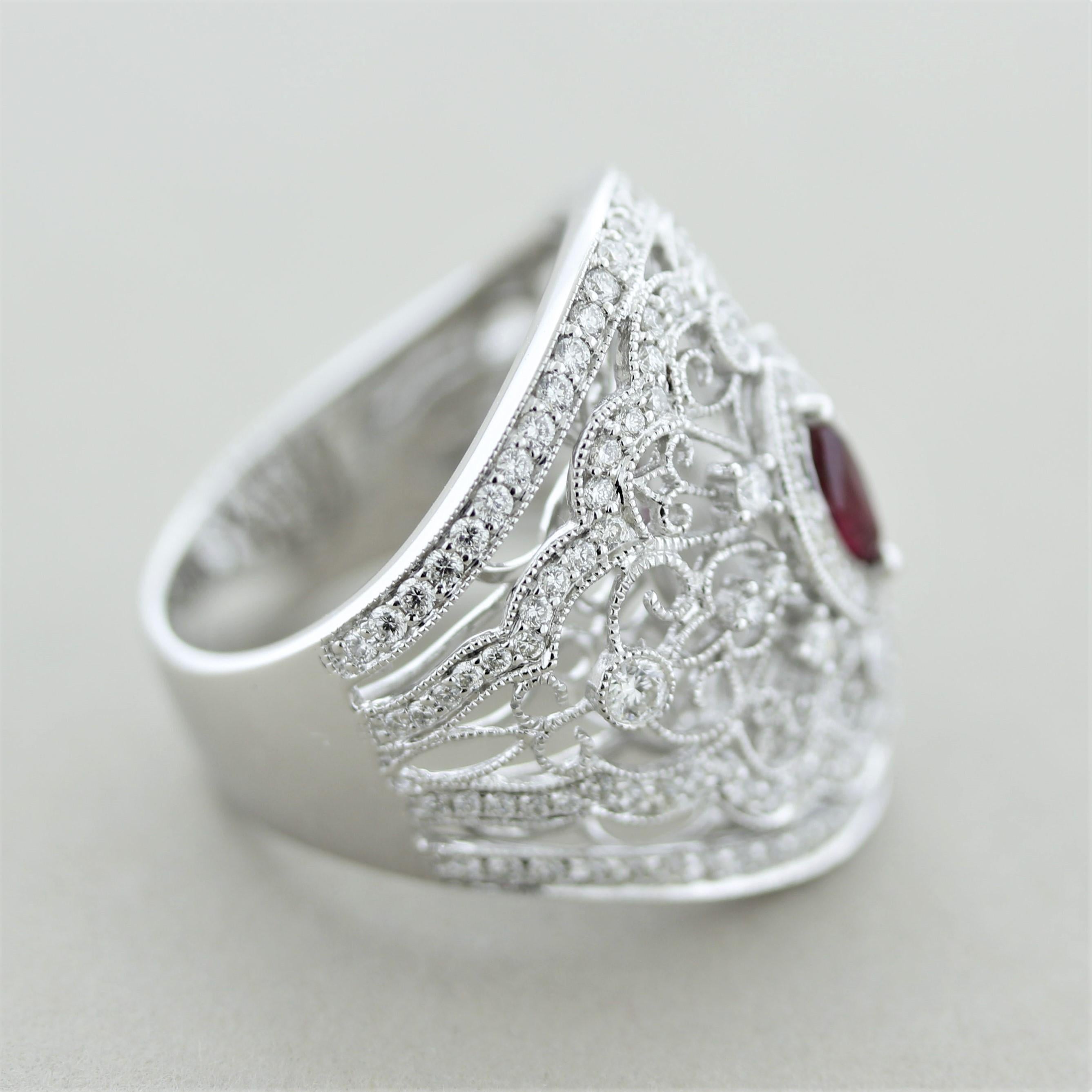Women's Antique Style Diamond Ruby Wide Band Ring For Sale